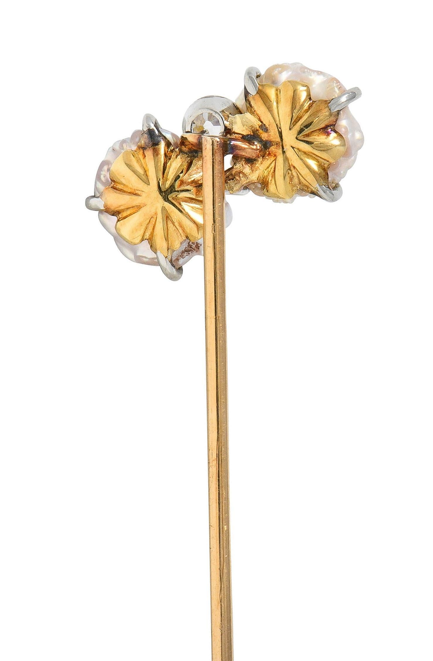 Edwardian Baroque Pearl Diamond Platinum 14 Karat Gold Antique Stickpin In Excellent Condition For Sale In Philadelphia, PA
