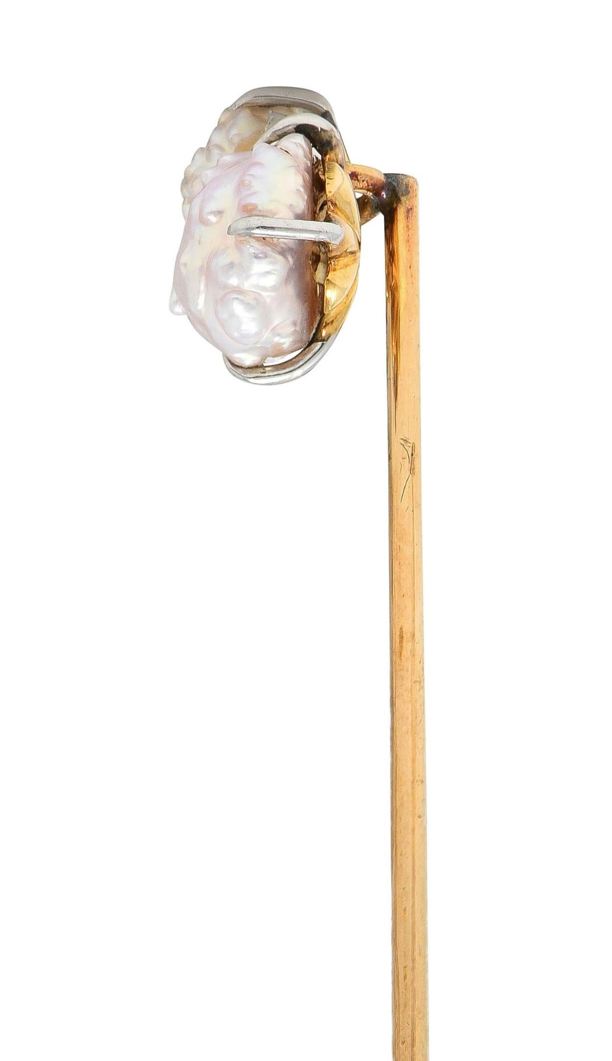 Women's or Men's Edwardian Baroque Pearl Diamond Platinum 14 Karat Gold Antique Stickpin For Sale