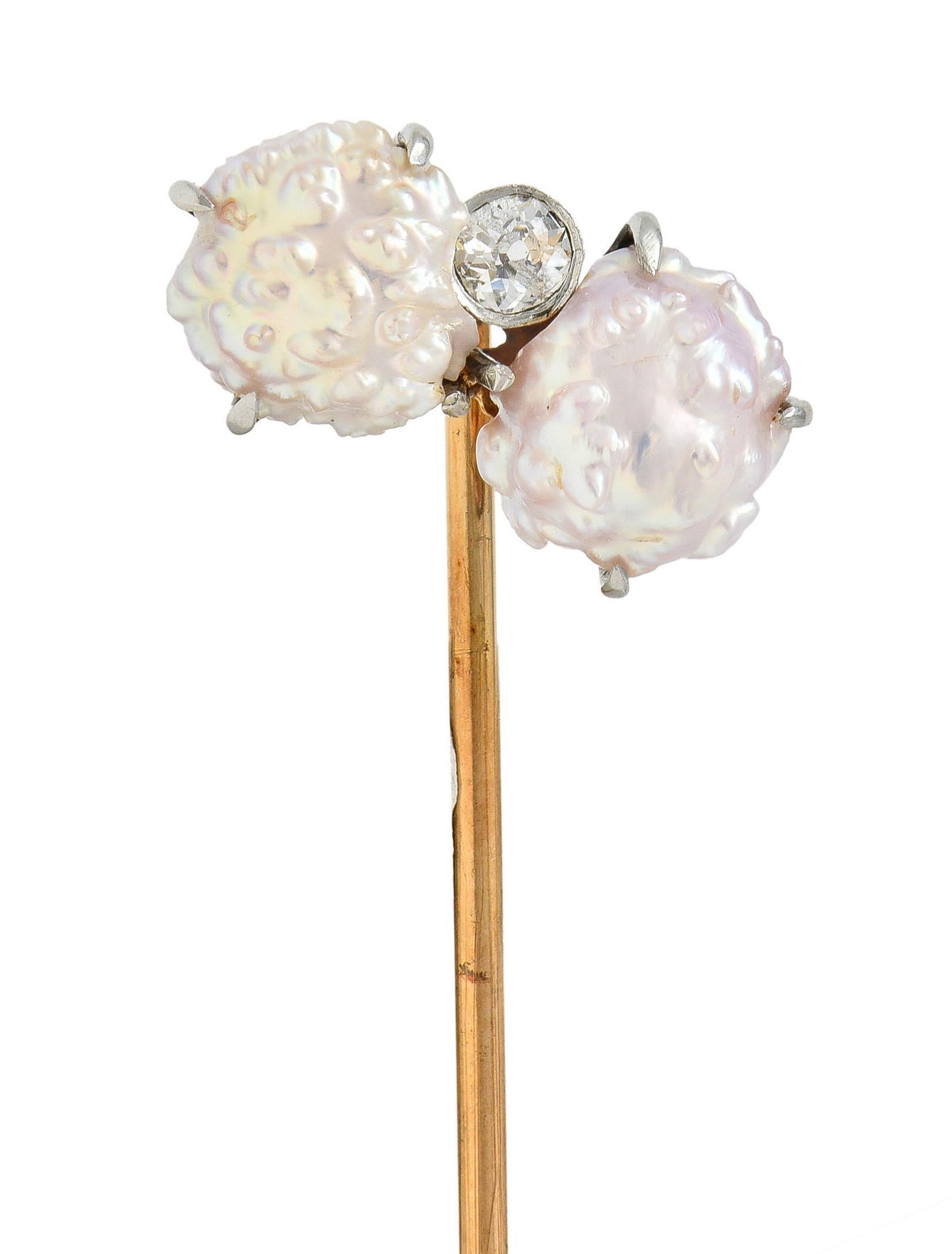 Edwardian Baroque Pearl Diamond Platinum 14 Karat Gold Antique Stickpin For Sale 1