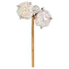 Edwardian Baroque Pearl Diamond Platinum 14 Karat Gold Antique Stickpin