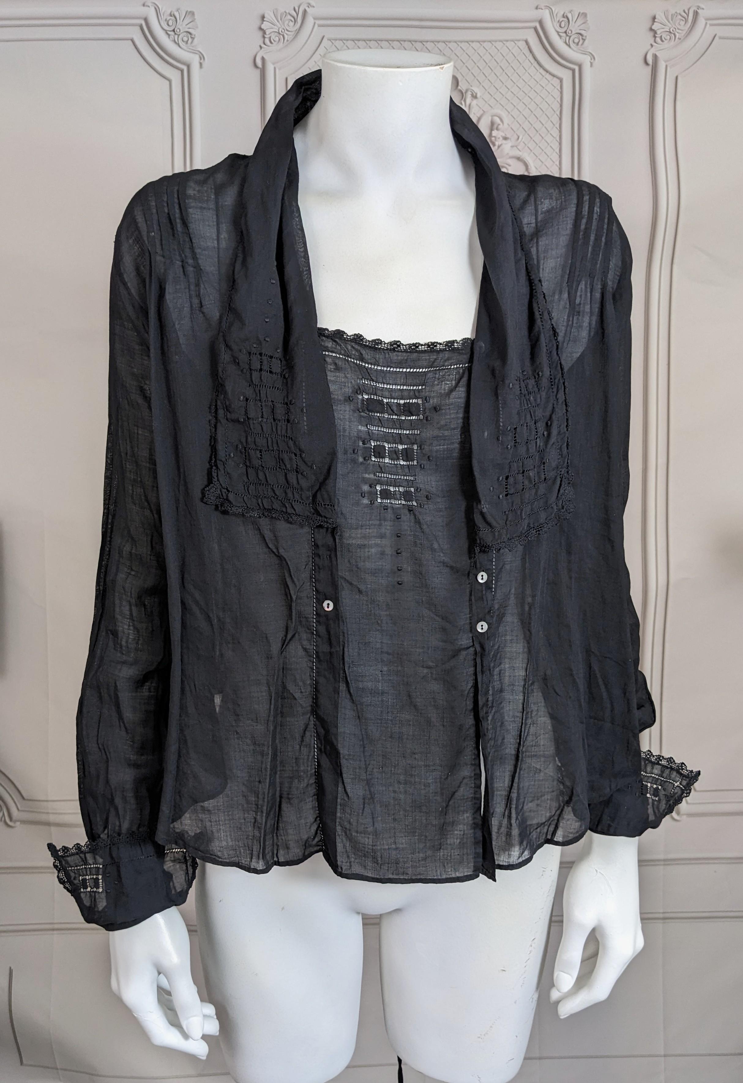 Edwardian Batiste Overdyed Armistice Blouse, Studio Vintage Luxury circa 1990's. Period sheer batiste blouse with embroidery, openwork and tiny mother of pearl buttons. Buttons up front panel with draped collar. 
Small size. 