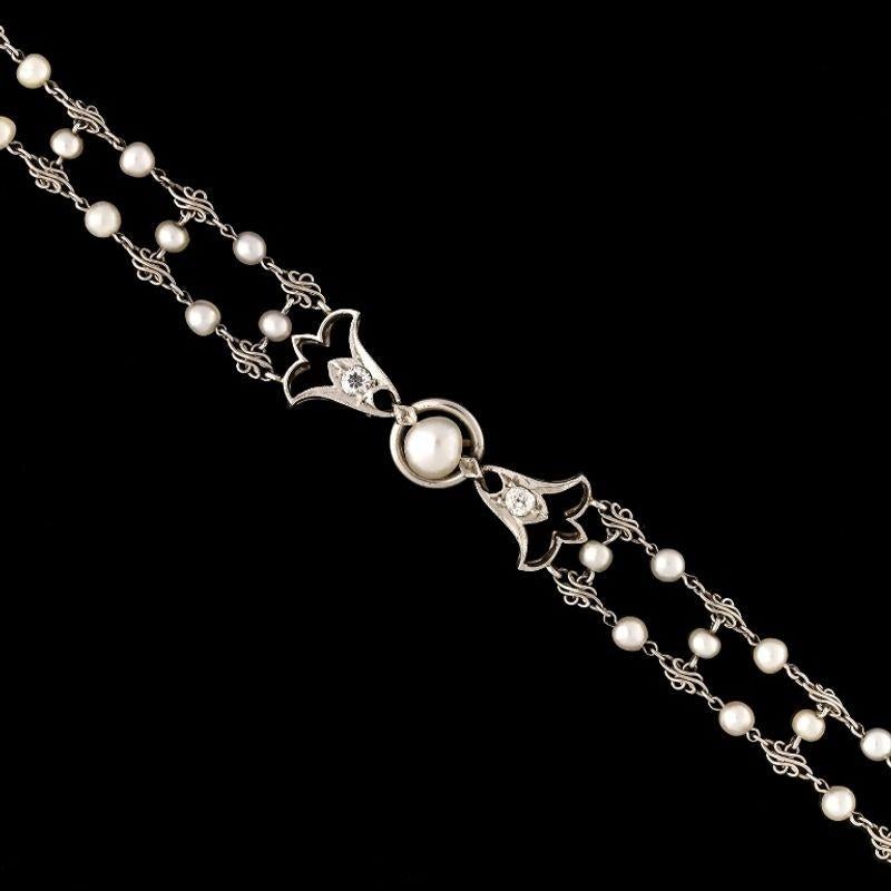 Brilliant Cut Edwardian Beautiful Antique Natural Pearl and Diamond Sautoir Necklace Ca. 1910