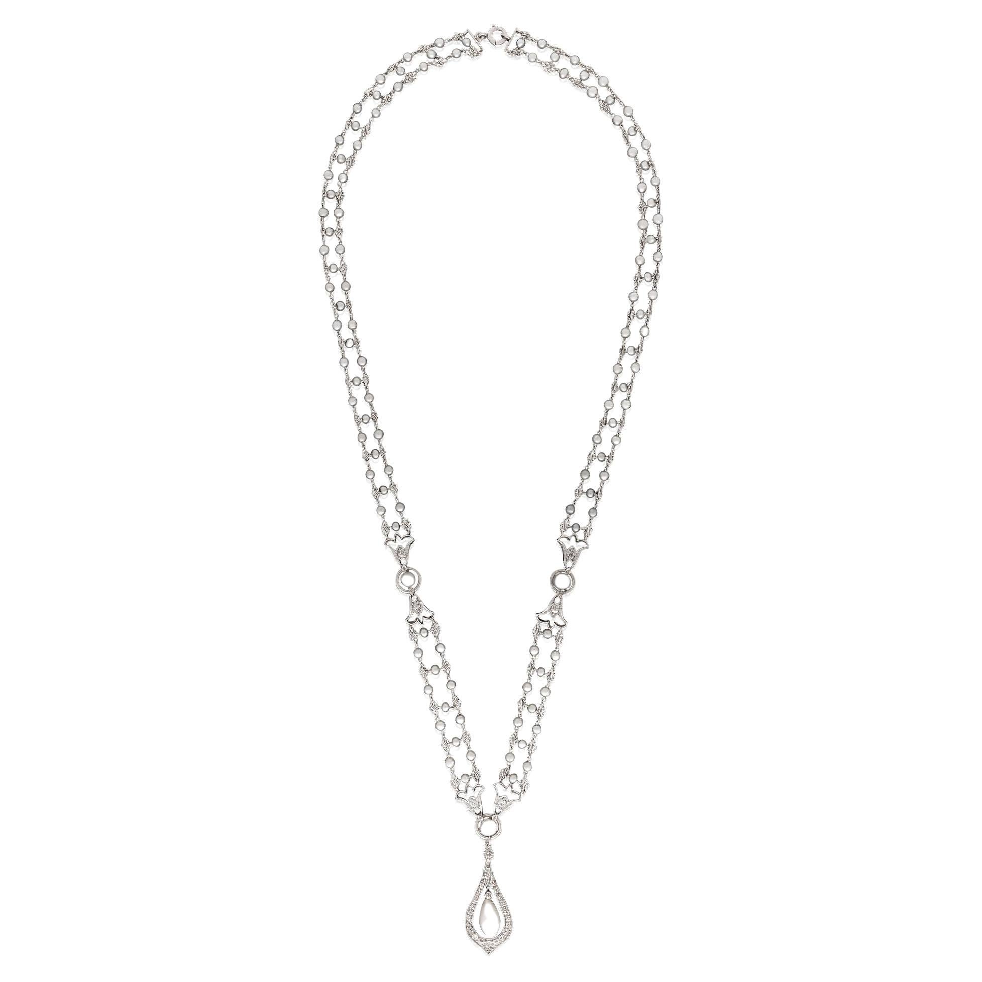 Edwardian Beautiful Antique Natural Pearl and Diamond Sautoir Necklace Ca. 1910