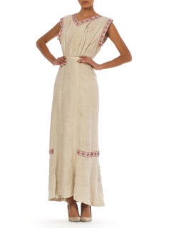 Edwardian Beige Linen Walking Dress With Bias Cut Train & Red Folk Embroidery