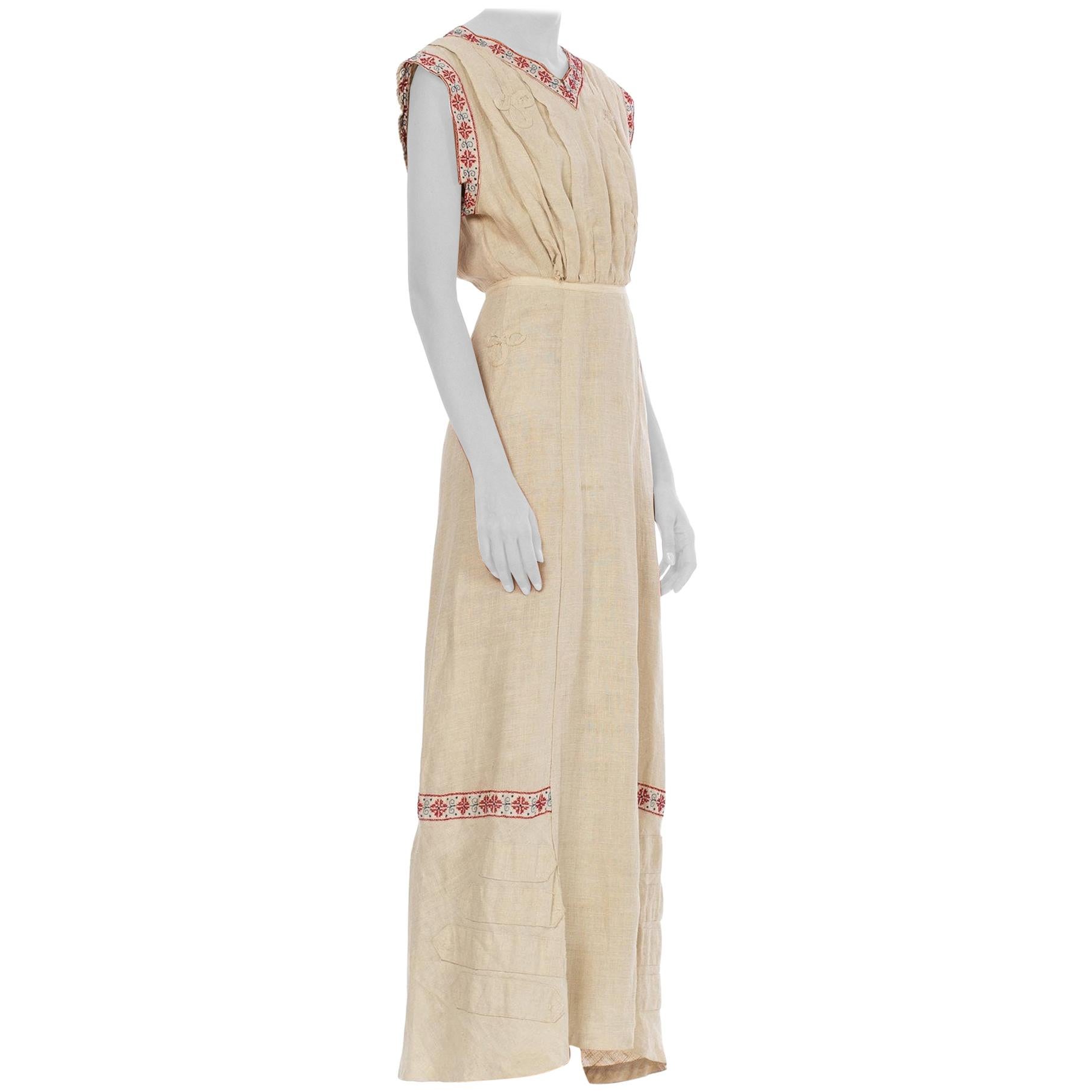 Edwardian Beige Linen Walking Dress With Bias Cut Train & Red Folk Embroidery