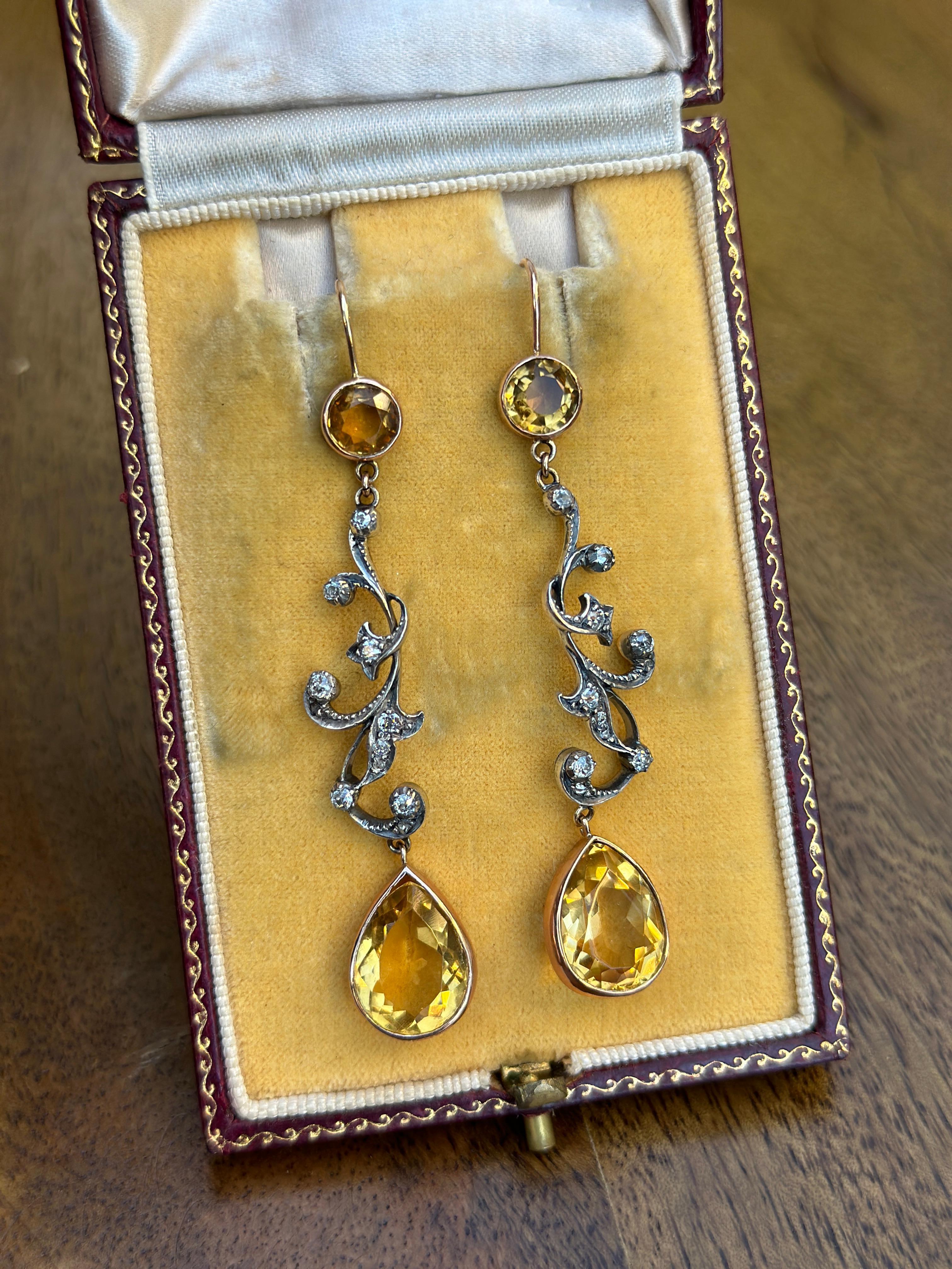 Edwardian Belle Epoque Citrine Diamond 14K Silver Earrings For Sale 4