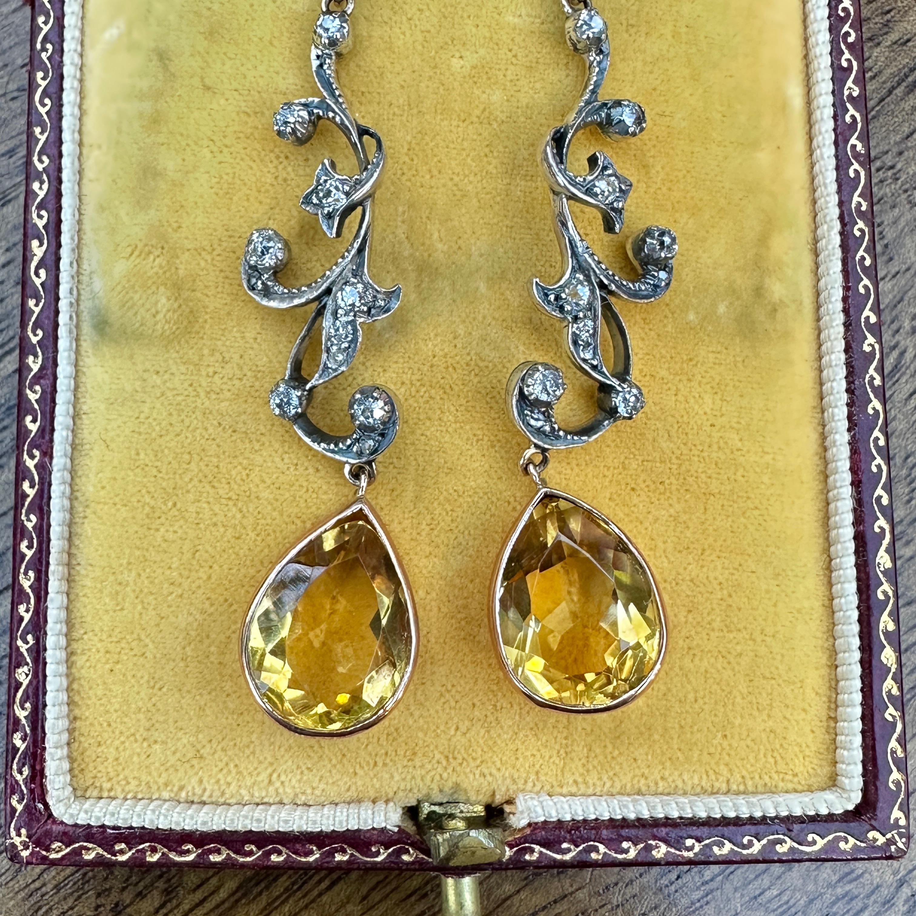 Edwardian Belle Epoque Citrine Diamond 14K Silver Earrings For Sale 6