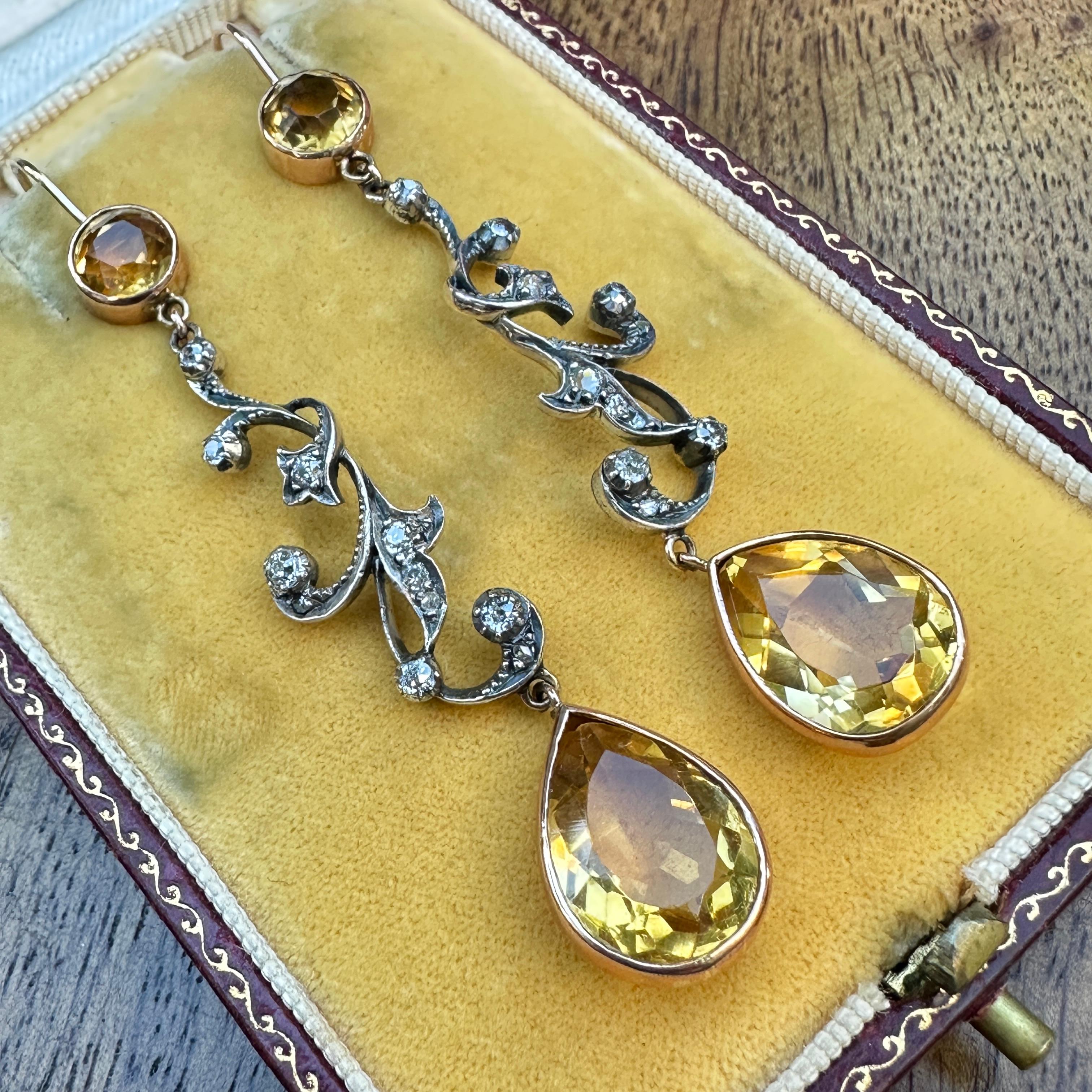 Edwardian Belle Epoque Citrine Diamond 14K Silver Earrings For Sale 7