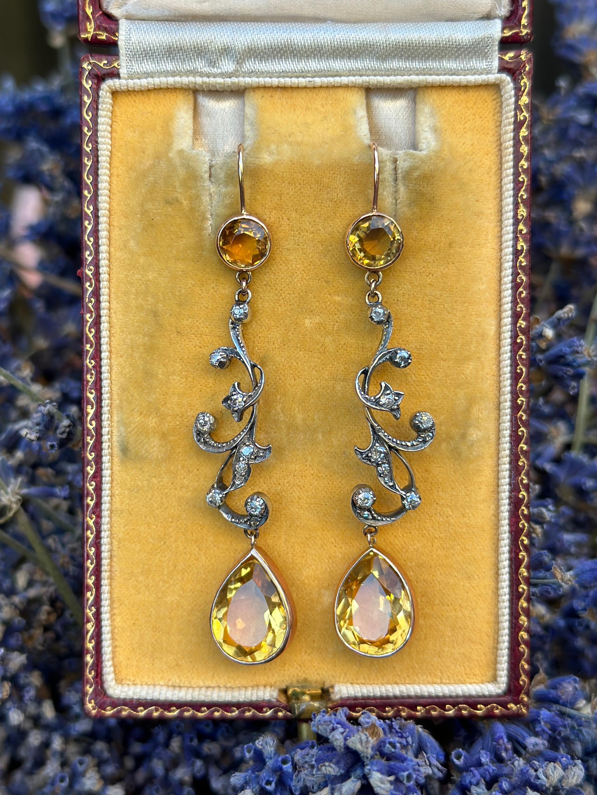 Details:
Gorgeous Edwardian Belle Epoque earrings with Citrines, diamonds, 14K rose gold and silver! What is not to love, would look great for work, or an evening out! So great you might use these as your favorite everyday earrings! No hallmarks are