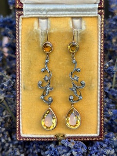 Edwardian Belle Epoque Citrine Diamond 14K Silver Earrings