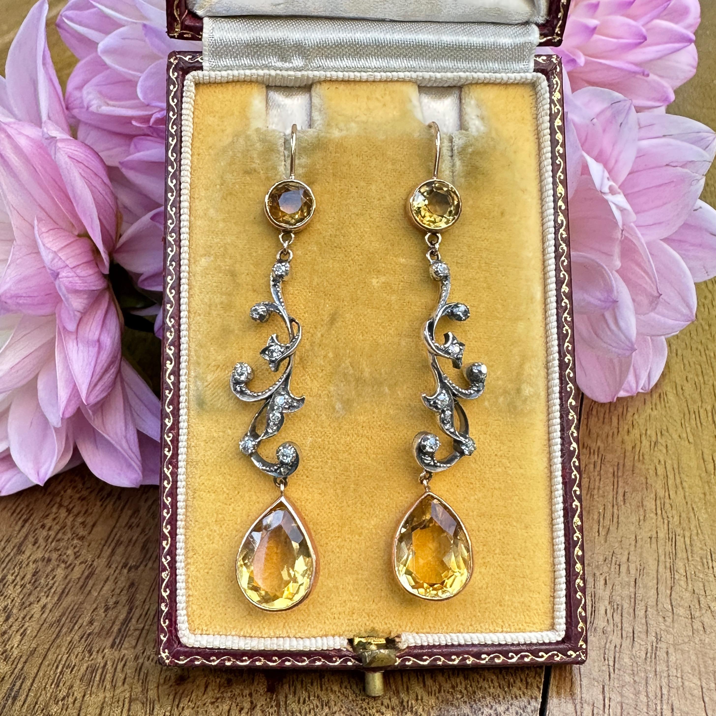 Edwardian Belle Epoque Citrine Diamond 14K Silver Earrings In Good Condition For Sale In Scotts Valley, CA