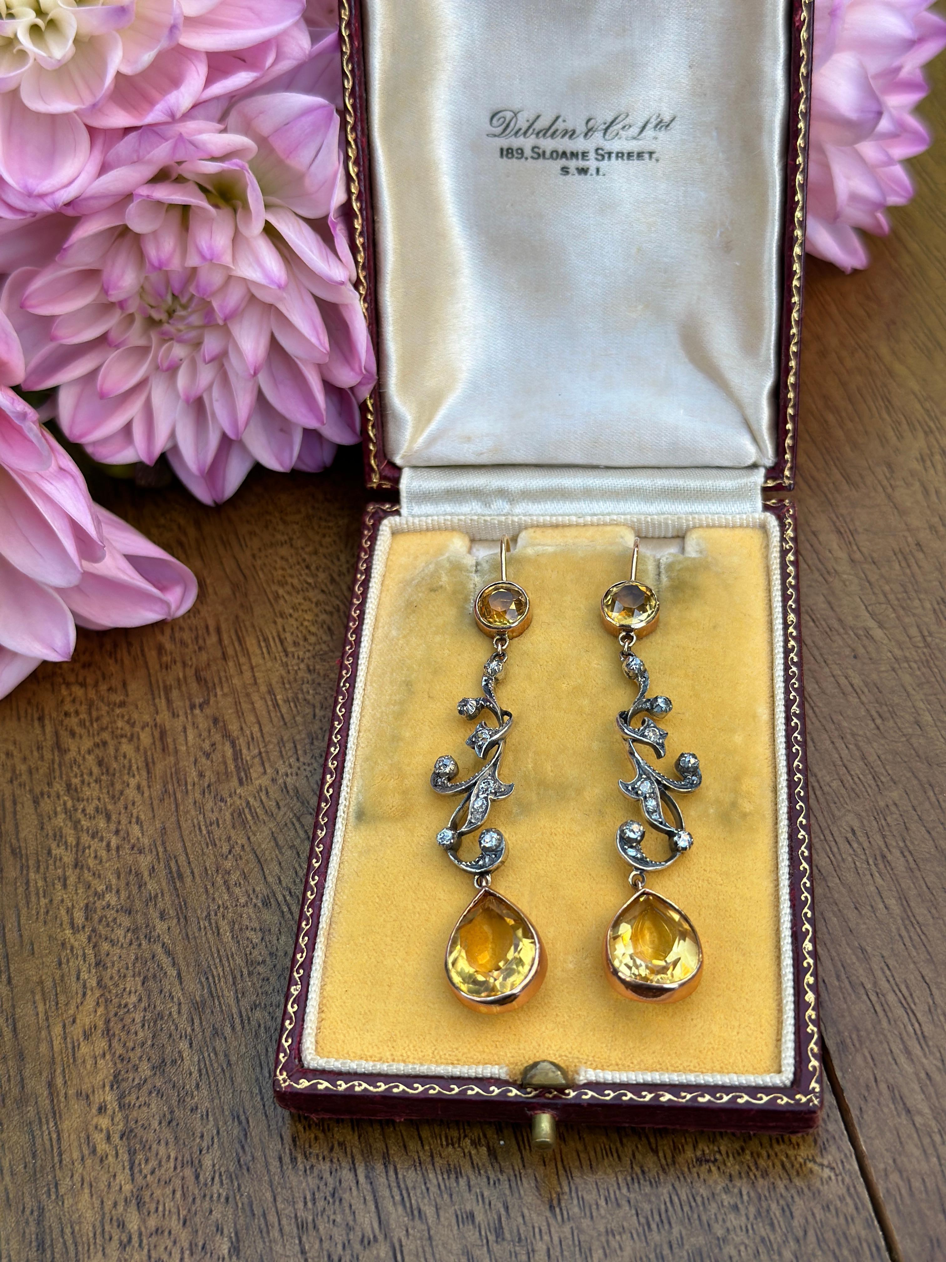Edwardian Belle Epoque Citrine Diamond 14K Silver Earrings For Sale 2