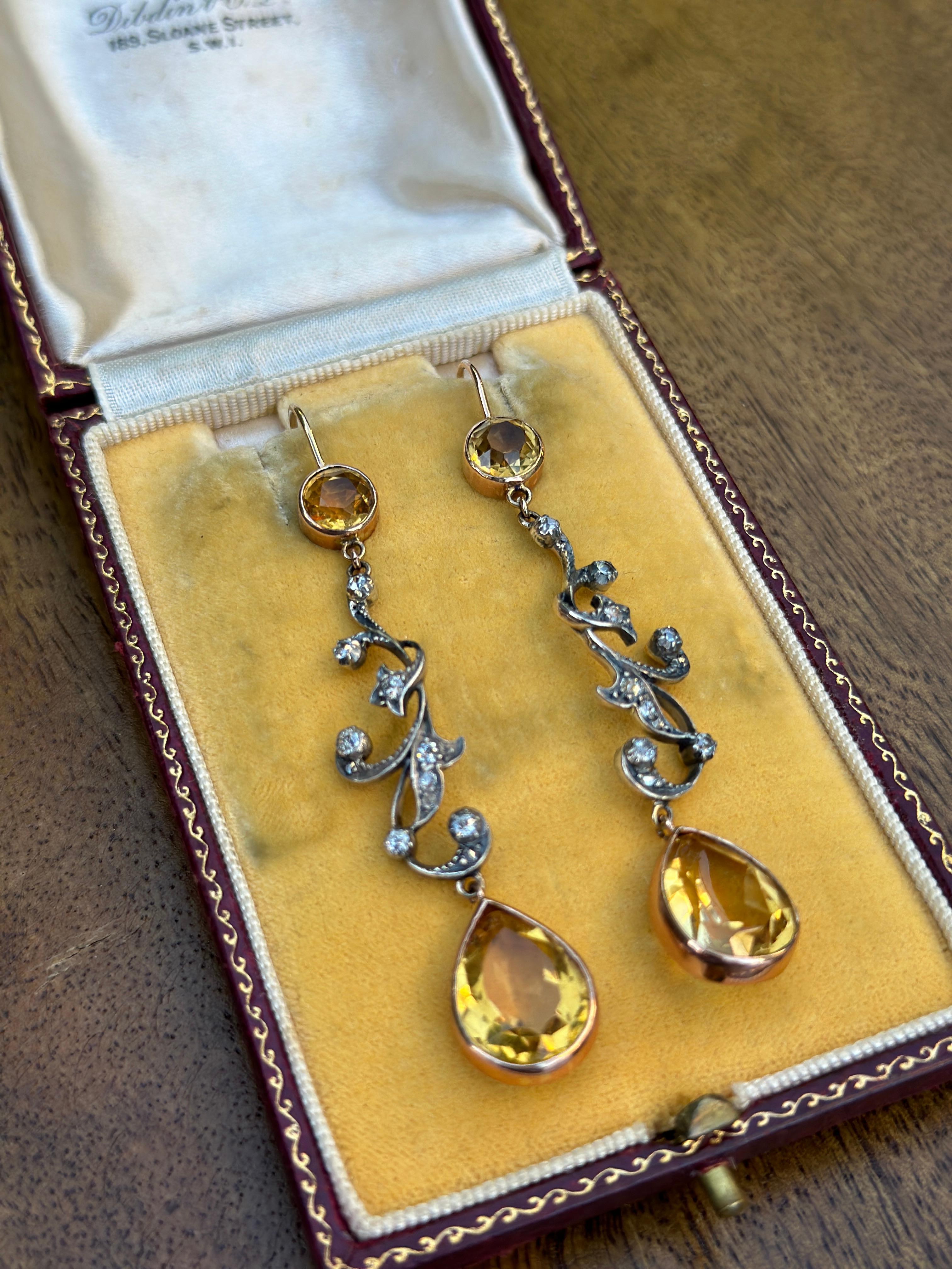 Edwardian Belle Epoque Citrine Diamond 14K Silver Earrings For Sale 3