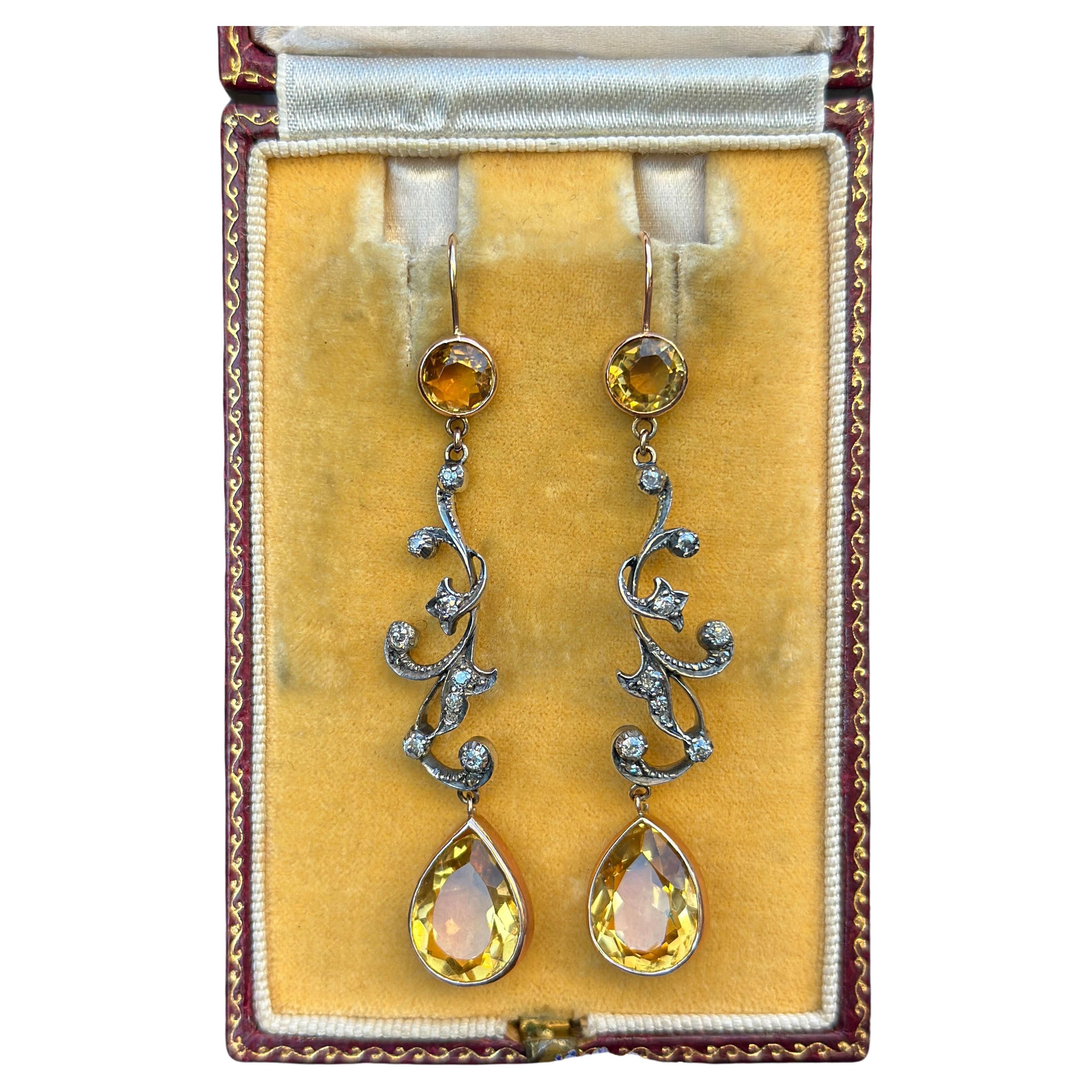 Edwardian Belle Epoque Citrine Diamond 14K Silver Earrings