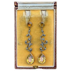 Antique Edwardian Belle Epoque Citrine Diamond 14K Silver Earrings