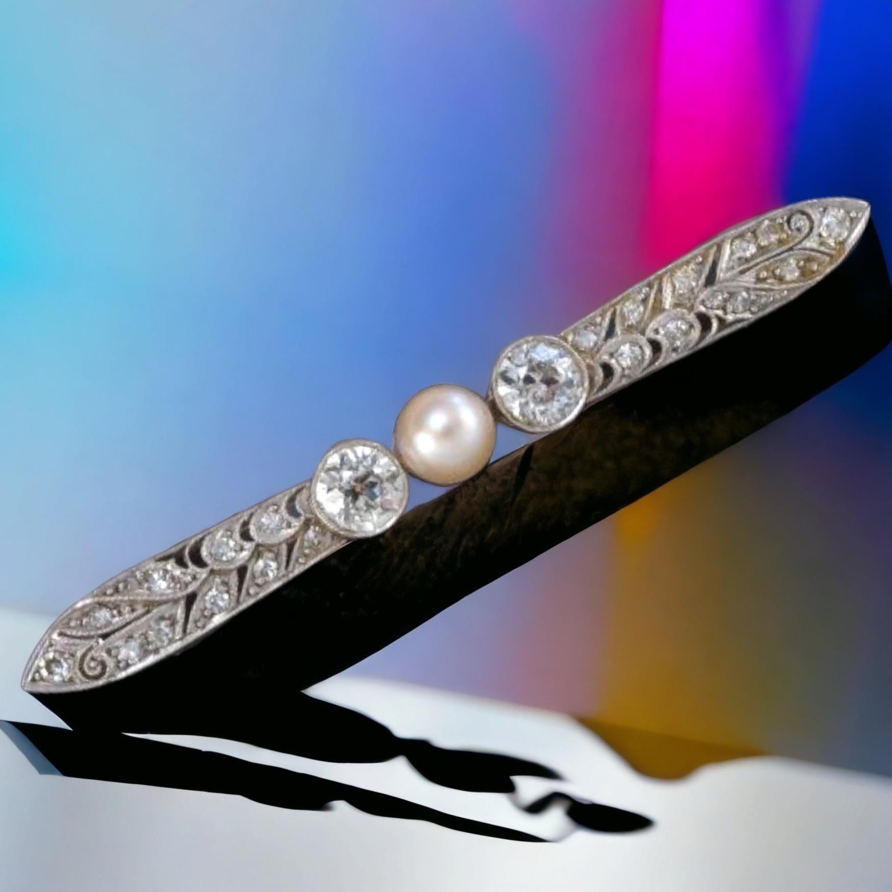 Old European Cut Edwardian /Belle Epoque Diamond and  Pearl Bar Brooch (1905) For Sale