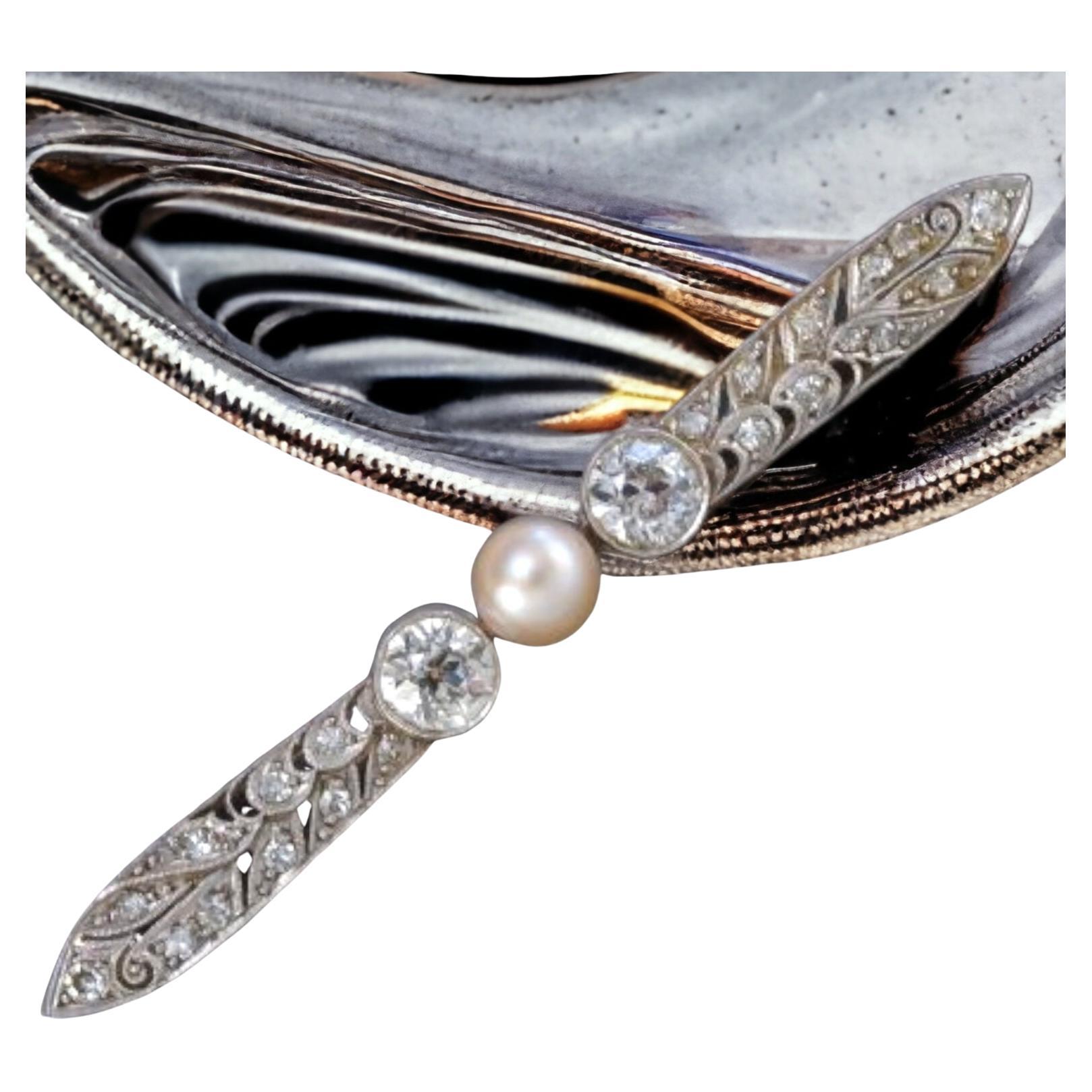 Edwardian /Belle Epoque Diamond and  Pearl Bar Brooch (1905) For Sale