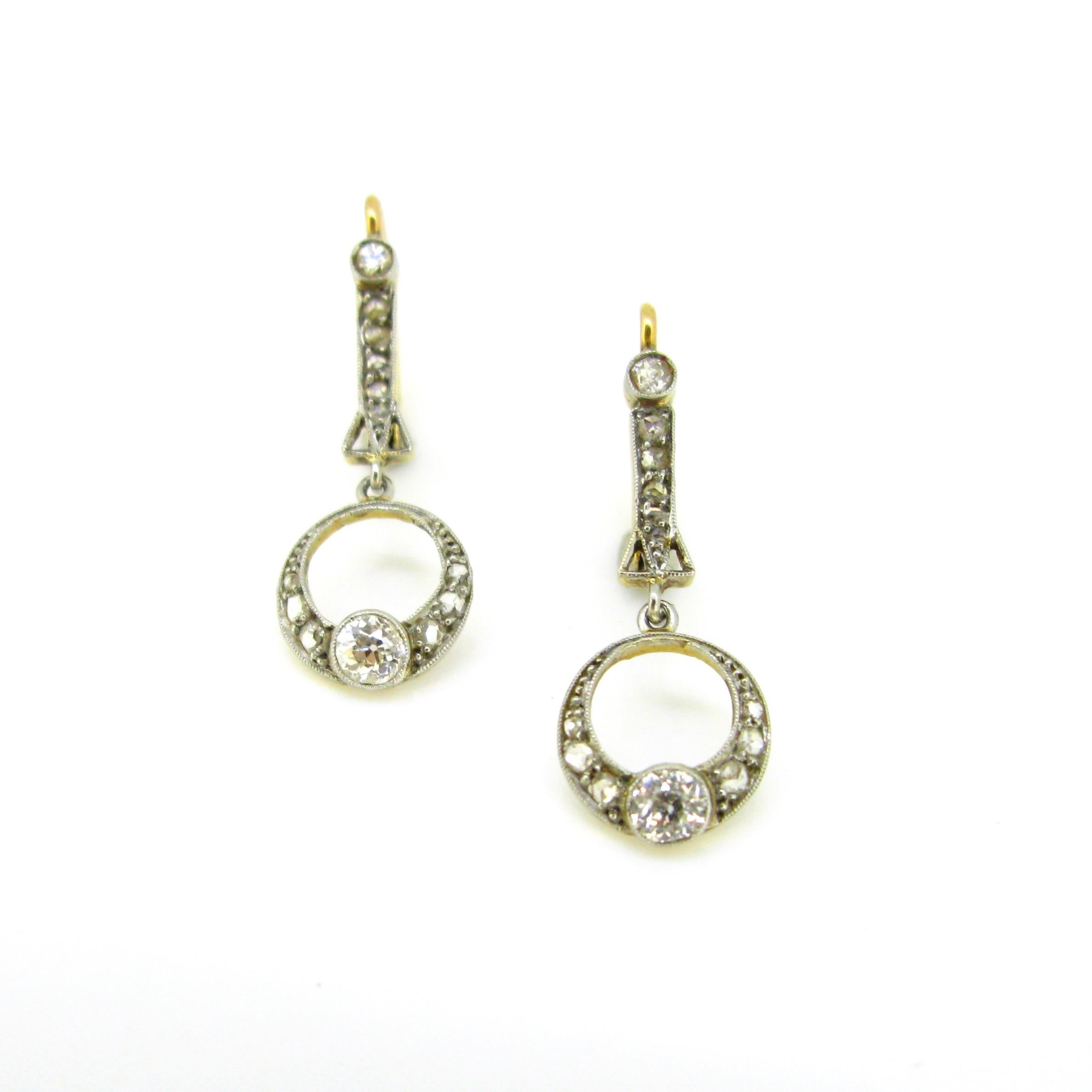 Old Mine Cut Edwardian Belle Époque Diamond Yellow Gold Platinum Dangle Dormeuses Earrings