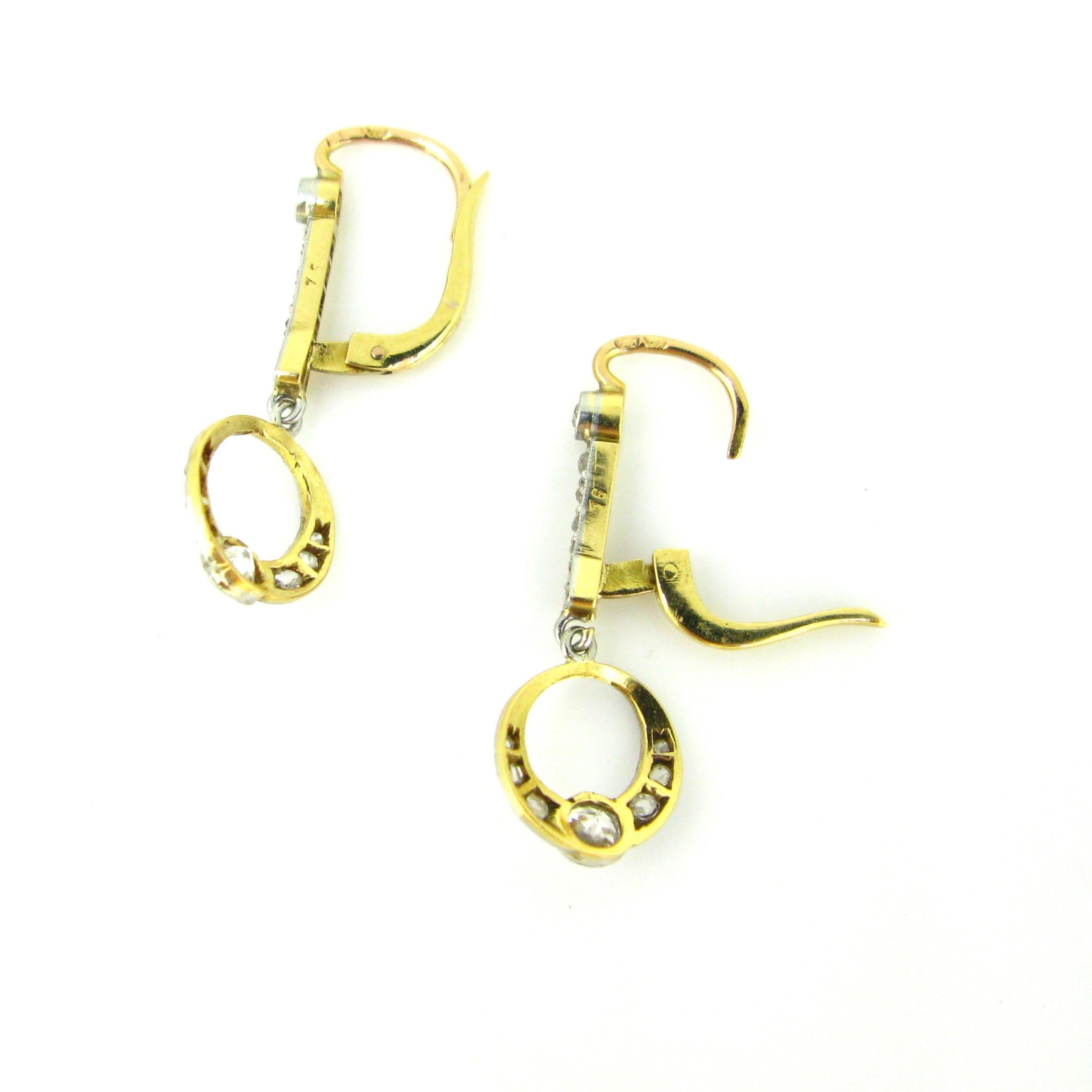 Edwardian Belle Époque Diamond Yellow Gold Platinum Dangle Dormeuses Earrings In Good Condition In London, GB