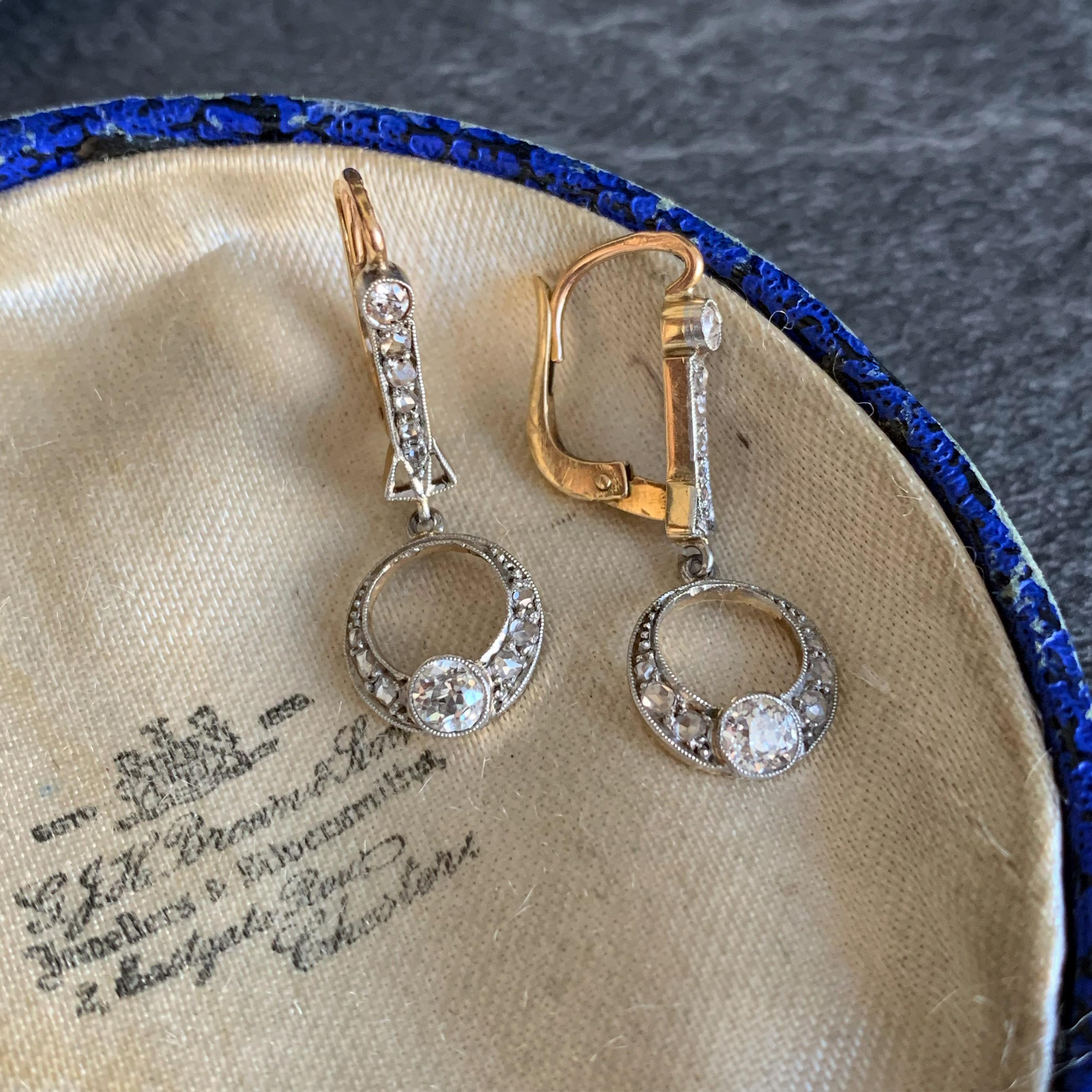 Edwardian Belle Époque Diamond Yellow Gold Platinum Dangle Dormeuses Earrings 3