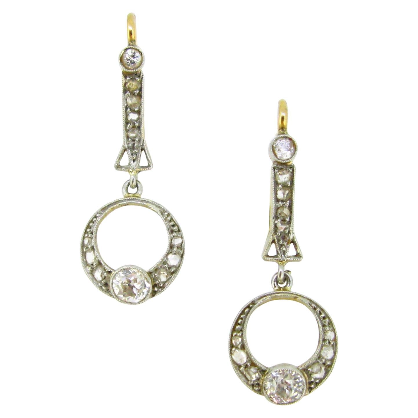 Edwardian Belle Époque Diamond Yellow Gold Platinum Dangle Dormeuses Earrings