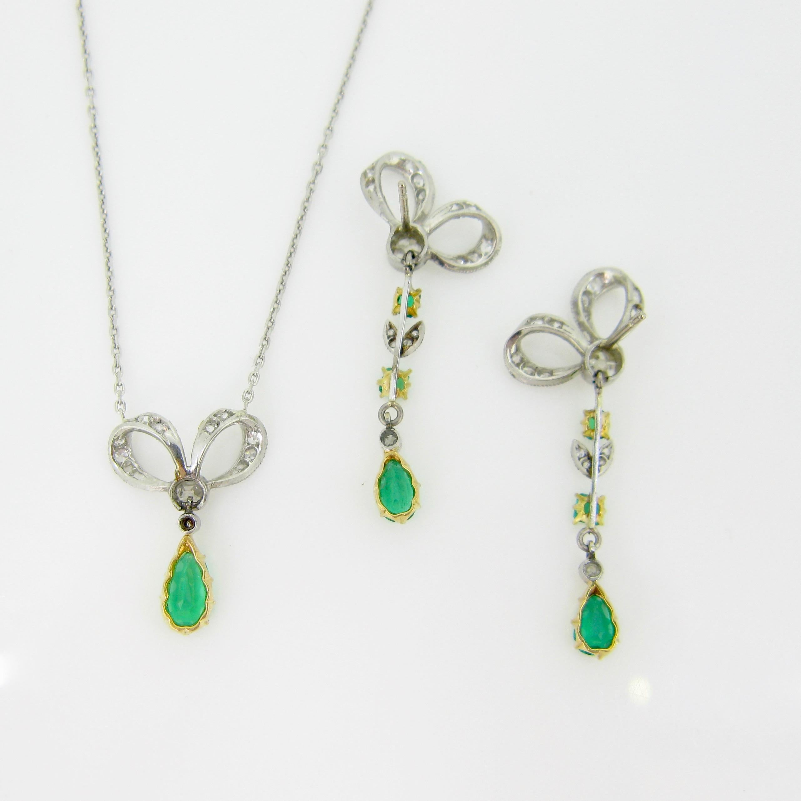 Pear Cut Edwardian Belle Époque Emerald Diamonds Gold Earrings Necklace