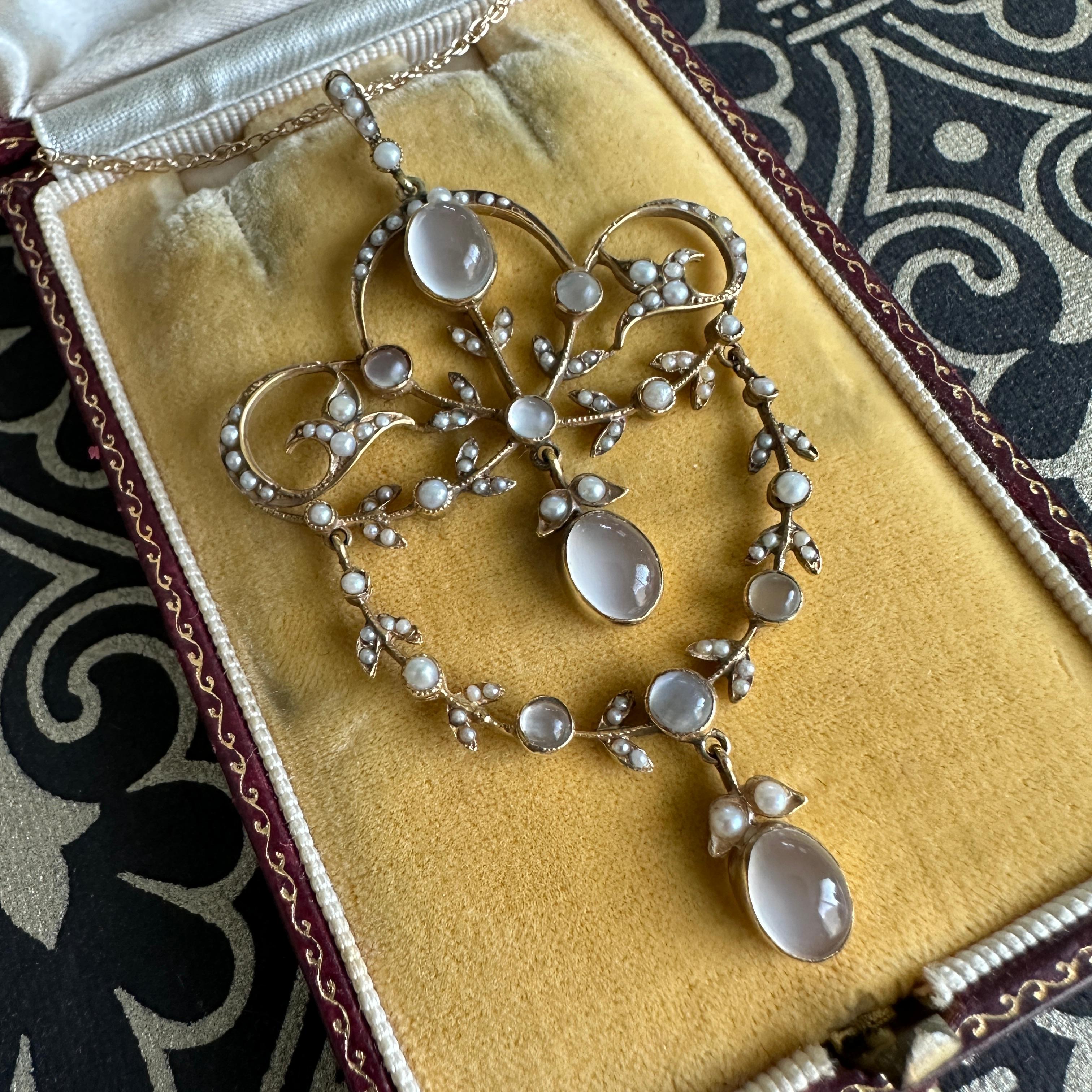 Edwardian Belle Epoque Moonstone Pearl 15K Pendant Necklace For Sale 5