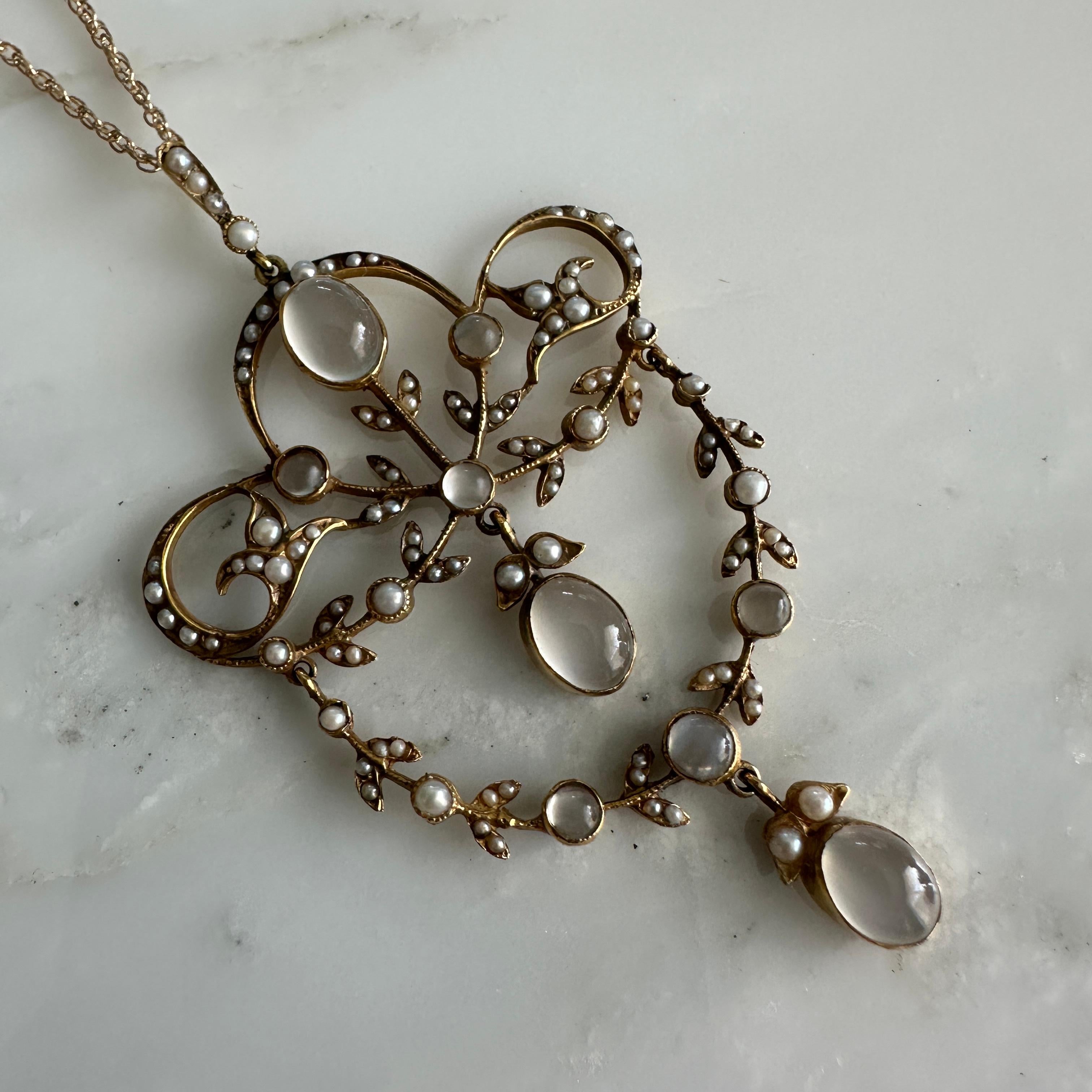 Edwardian Belle Epoque Moonstone Pearl 15K Pendant Necklace For Sale 6