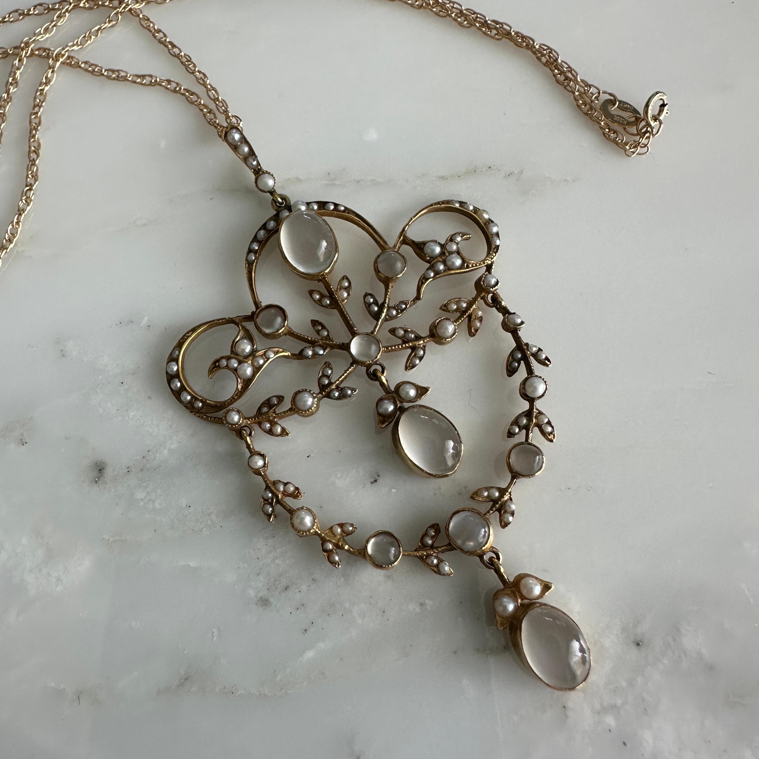 Edwardian Belle Epoque Moonstone Pearl 15K Pendant Necklace For Sale 7