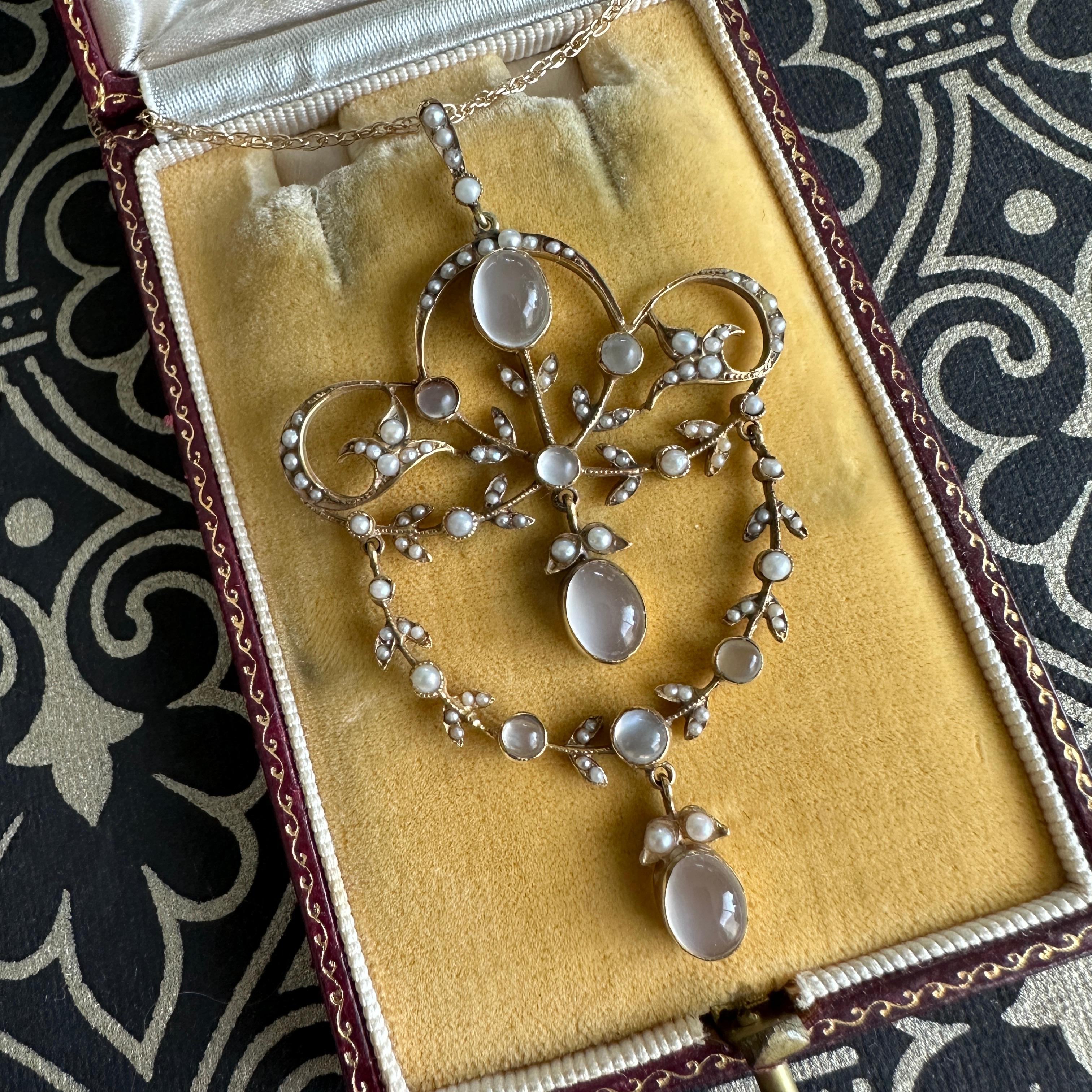 Edwardian Belle Epoque Moonstone Pearl 15K Pendant Necklace For Sale 10