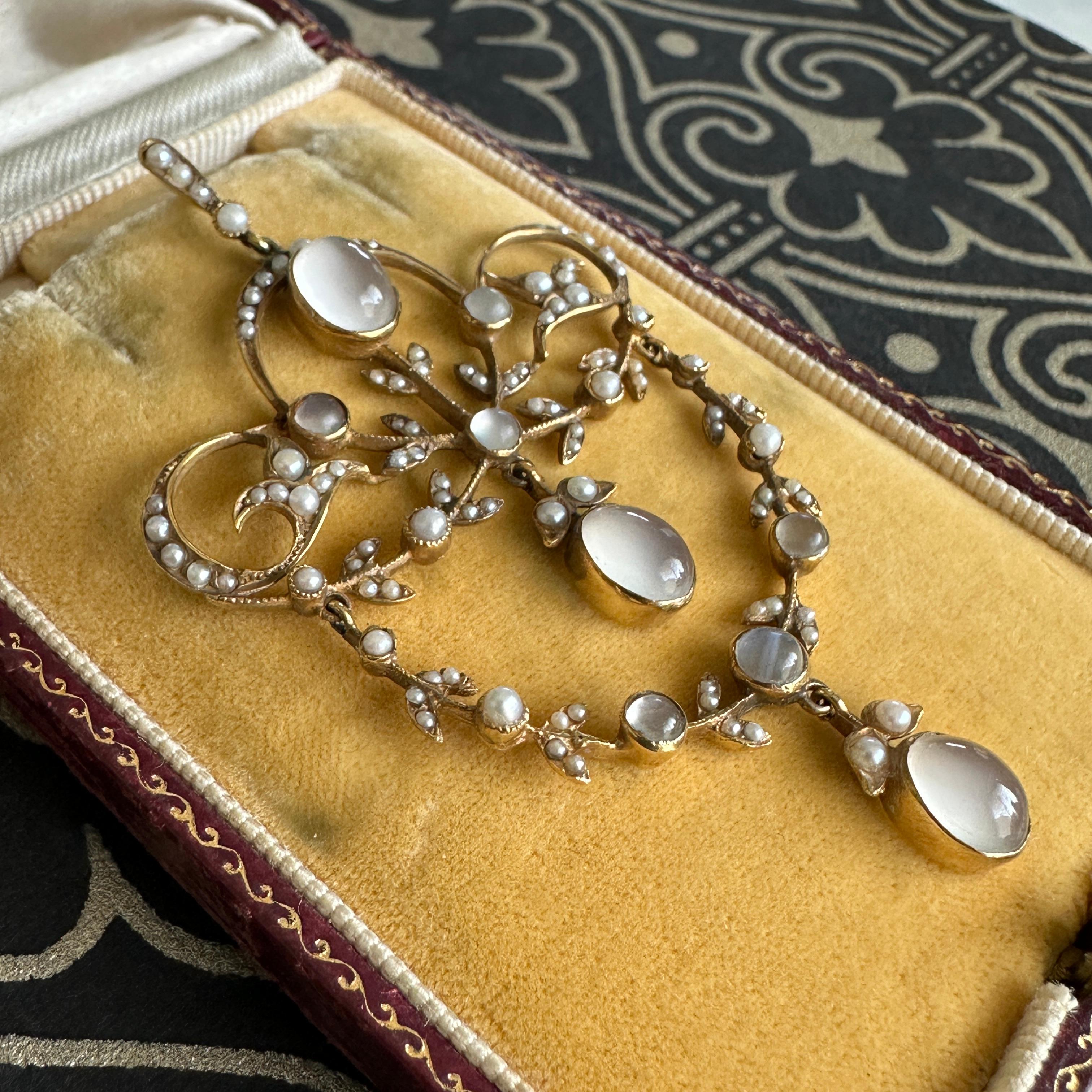Edwardian Belle Epoque Moonstone Pearl 15K Pendant Necklace For Sale 11