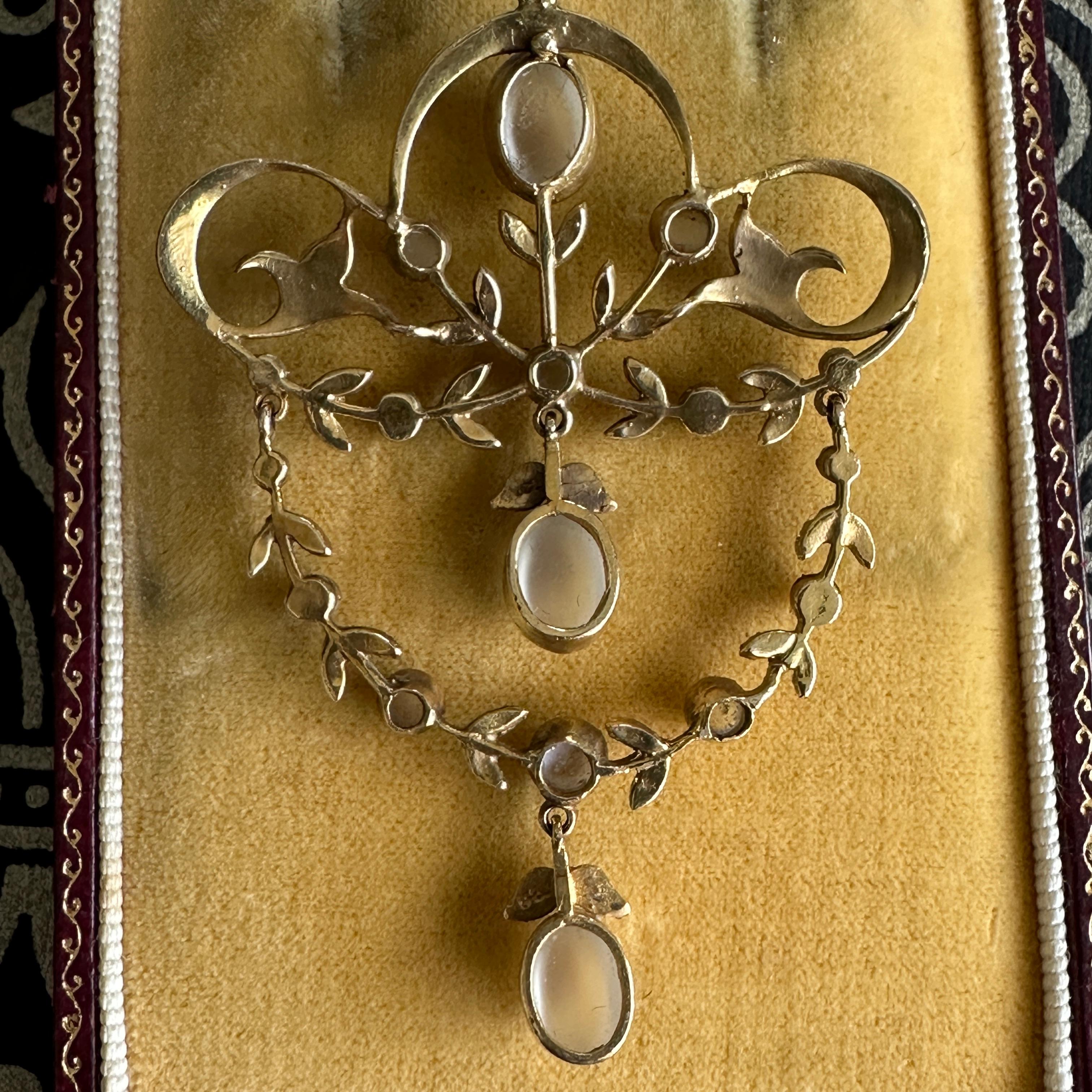 Edwardian Belle Epoque Moonstone Pearl 15K Pendant Necklace For Sale 12