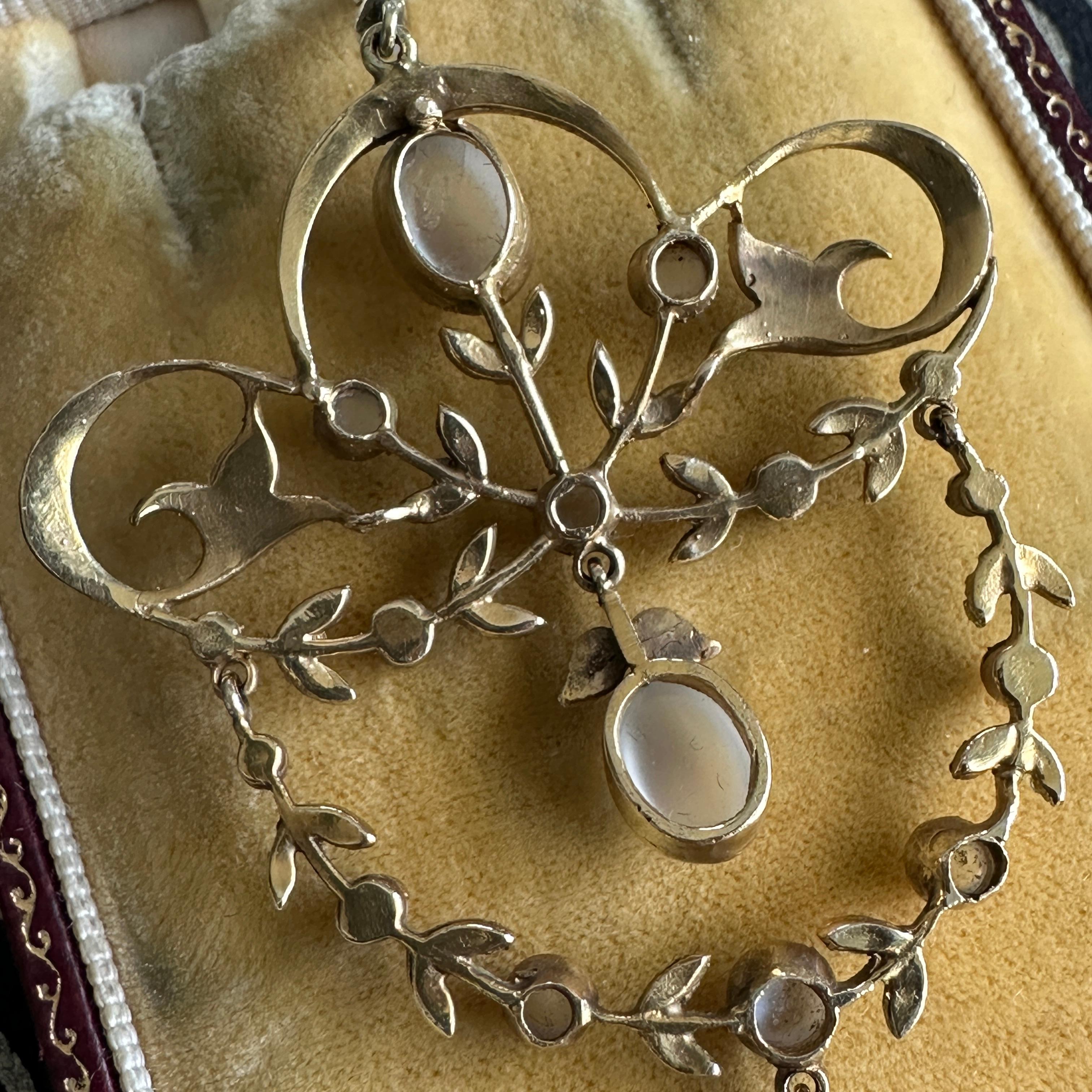 Edwardian Belle Epoque Moonstone Pearl 15K Pendant Necklace For Sale 13