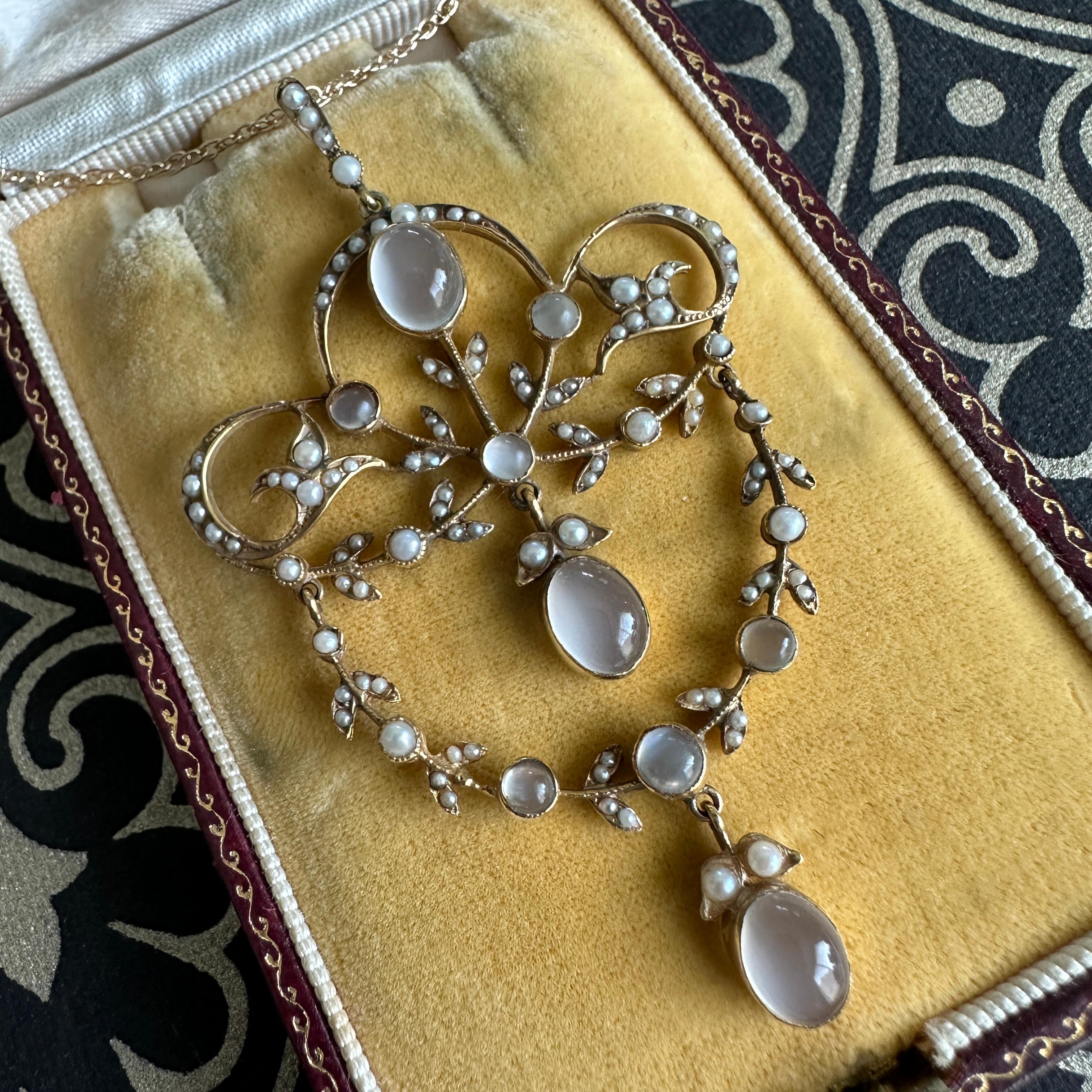 Women's Edwardian Belle Epoque Moonstone Pearl 15K Pendant Necklace For Sale