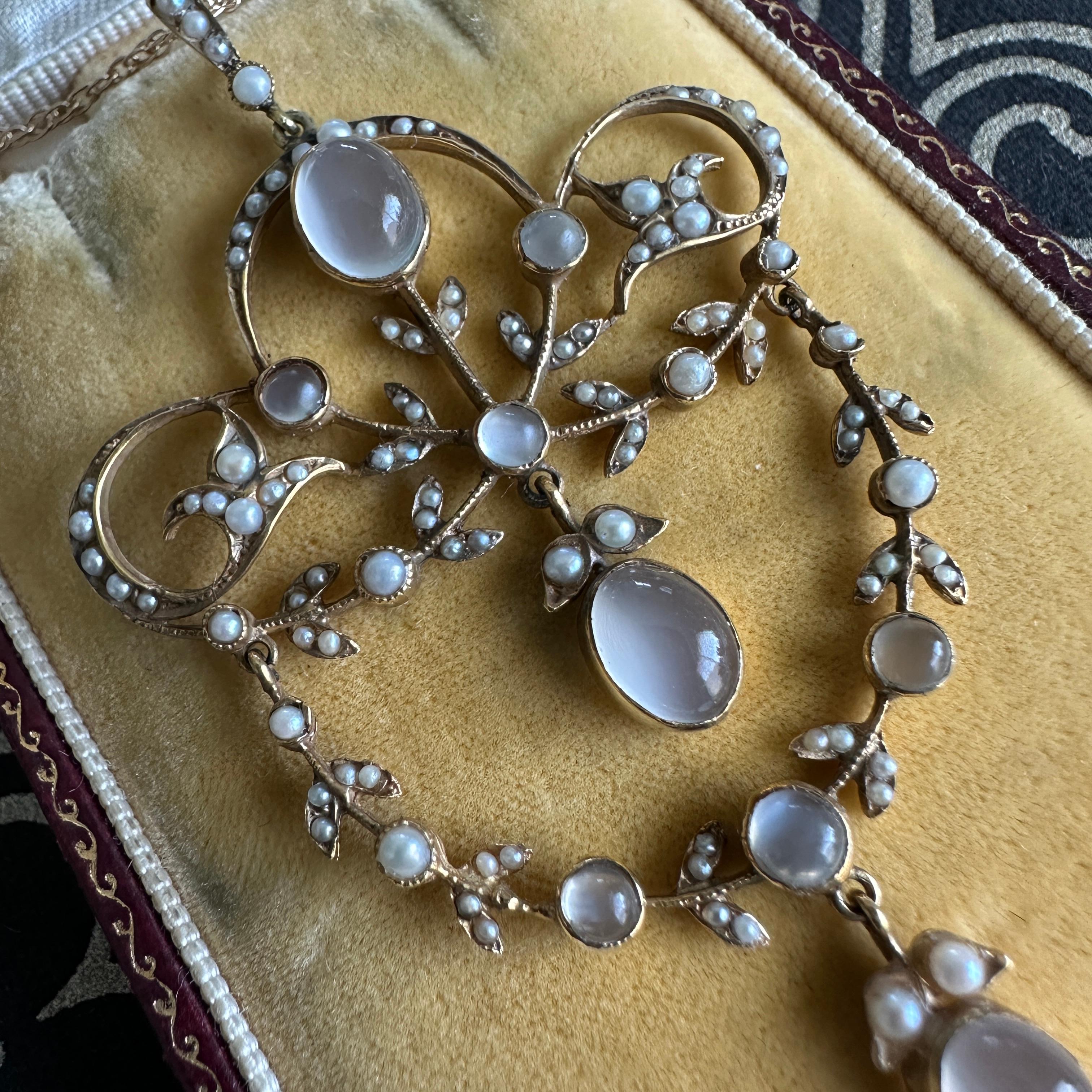 Edwardian Belle Epoque Moonstone Pearl 15K Pendant Necklace For Sale 2