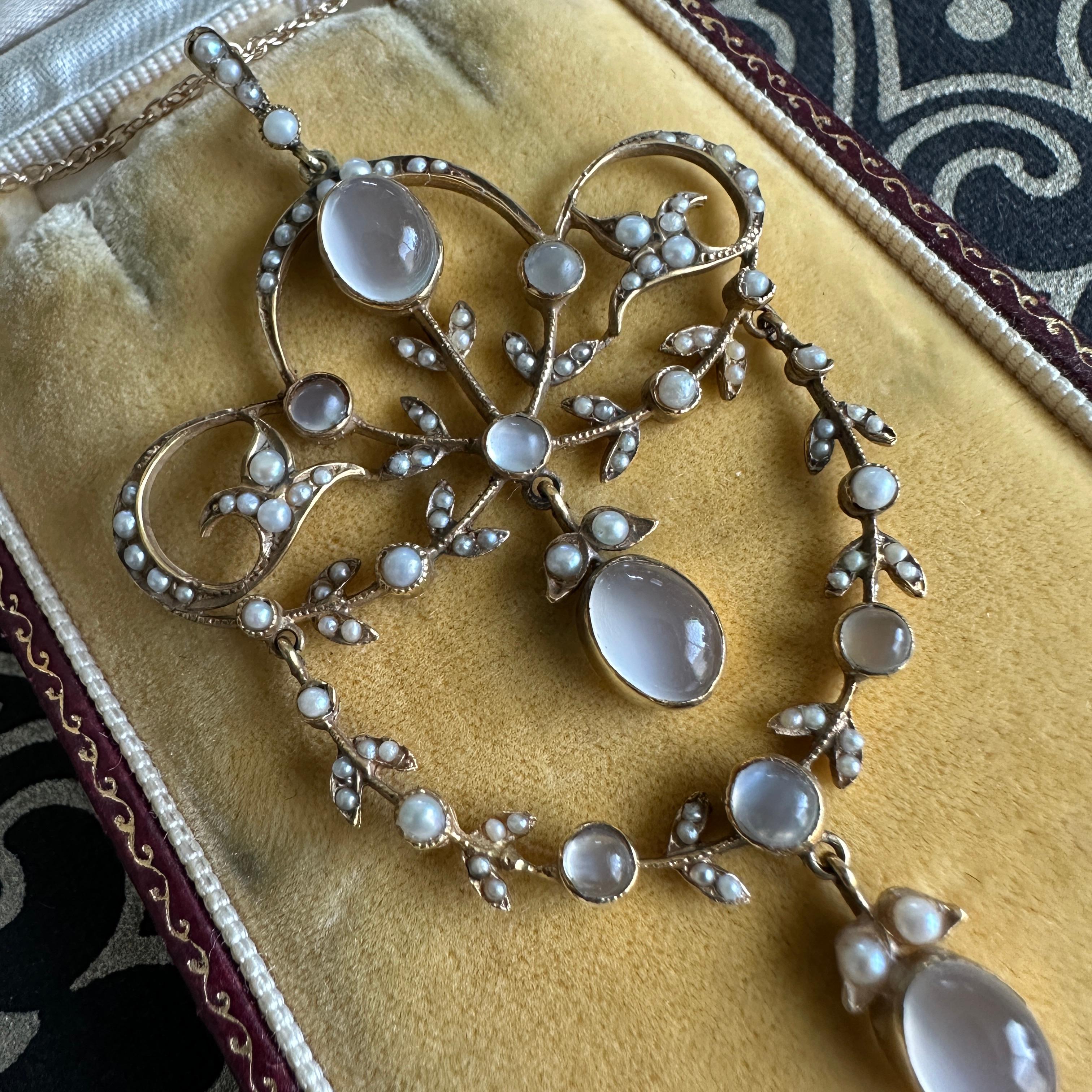 Edwardian Belle Epoque Moonstone Pearl 15K Pendant Necklace For Sale 4