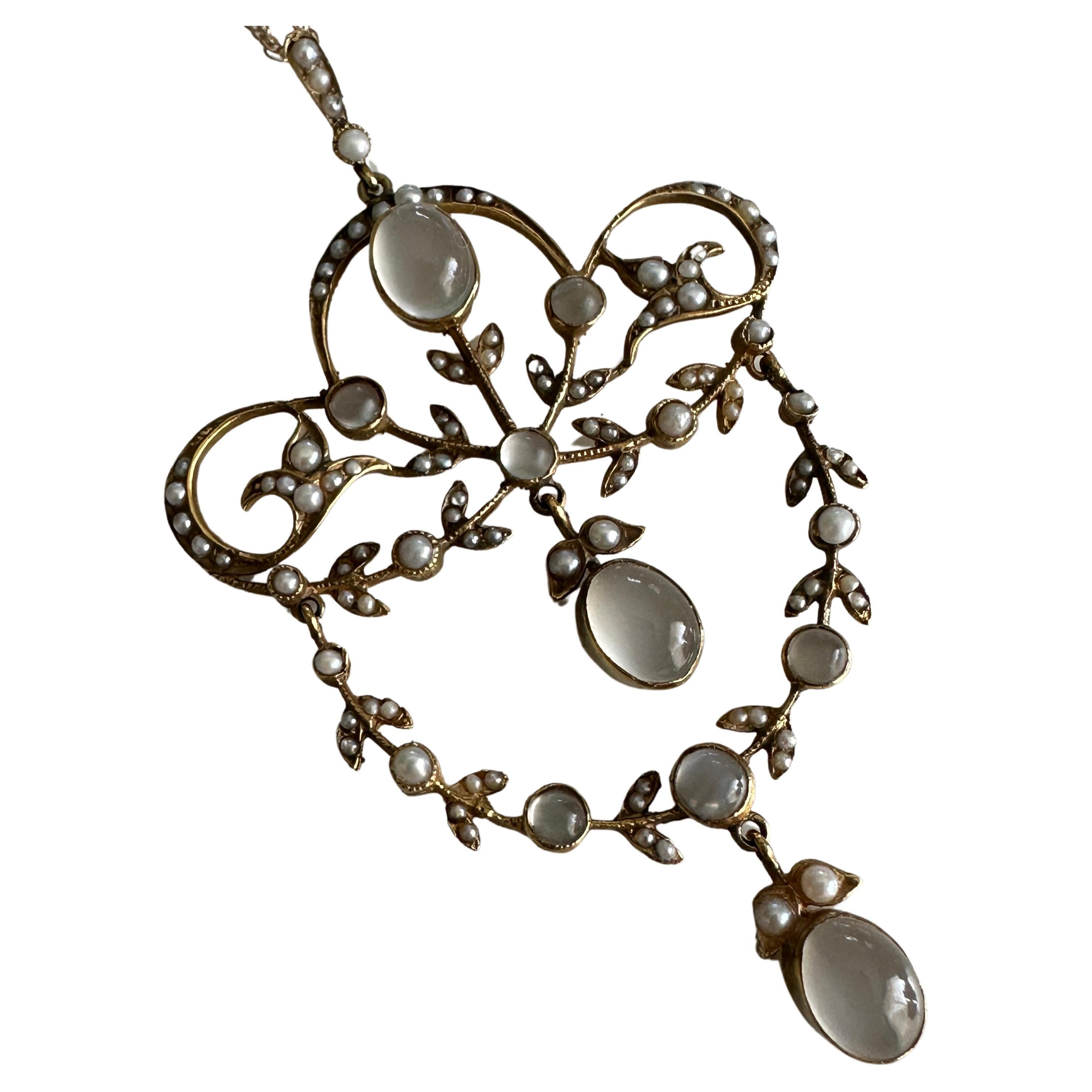 Edwardian Belle Epoque Moonstone Pearl 15K Pendant Necklace For Sale