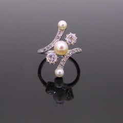 Edwardian Belle Epoque Natural Pearl Diamonds White Gold Platinum Crossover Ring