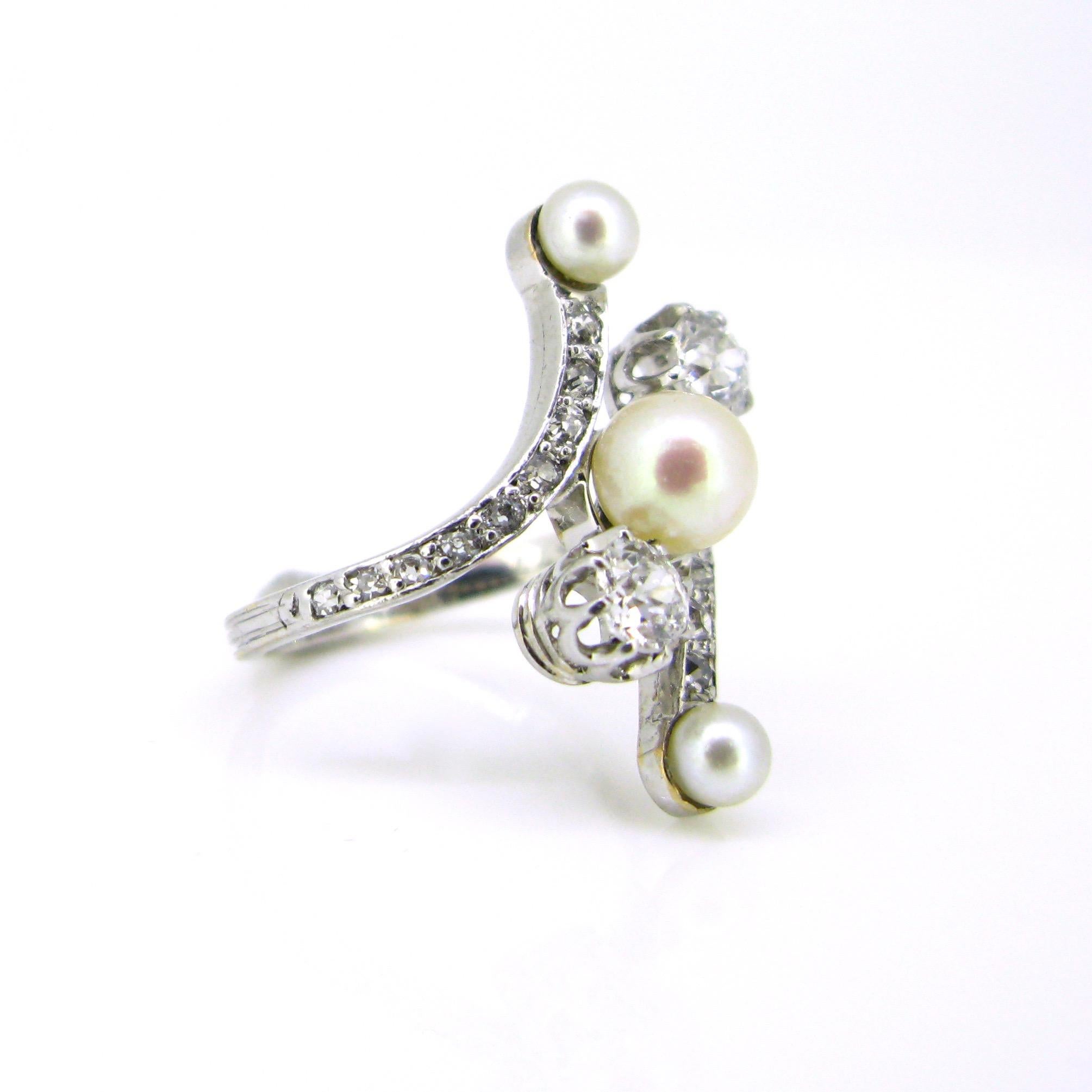 Old Mine Cut Edwardian Belle Epoque Natural Pearl Diamonds White Gold Platinum Crossover Ring For Sale