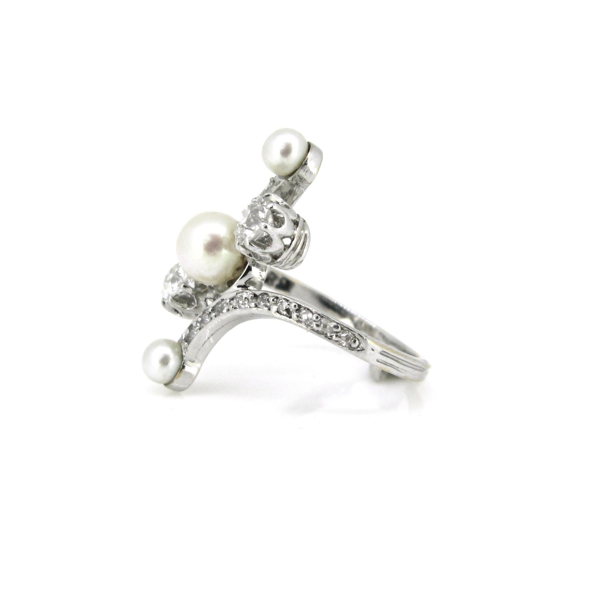 Edwardian Belle Epoque Natural Pearl Diamonds White Gold Platinum Crossover Ring For Sale 1