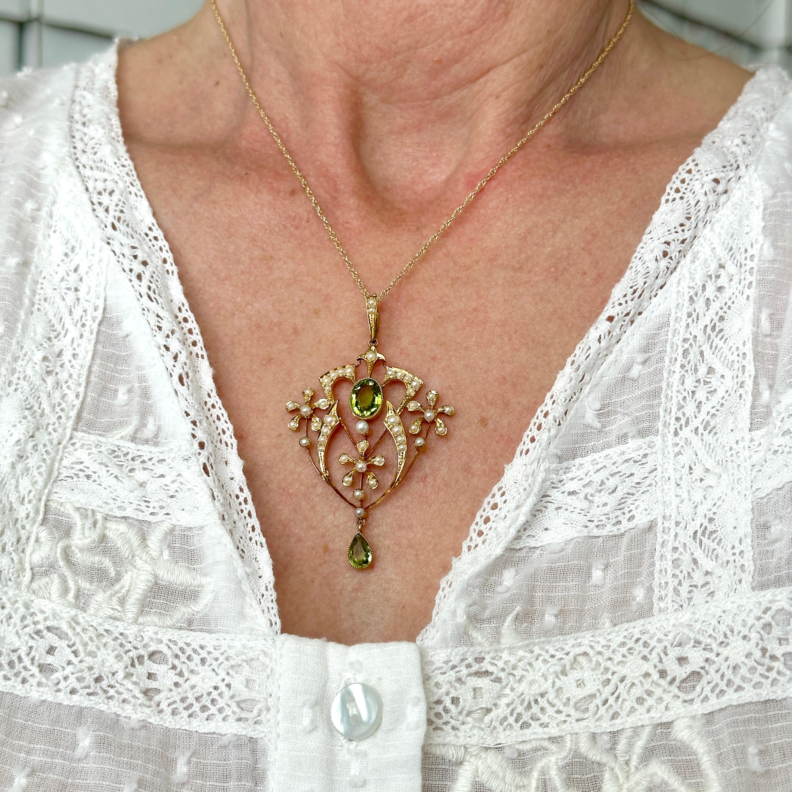 Edwardian Belle Epoque Peridot Pearl 15K Pendant Necklace 7