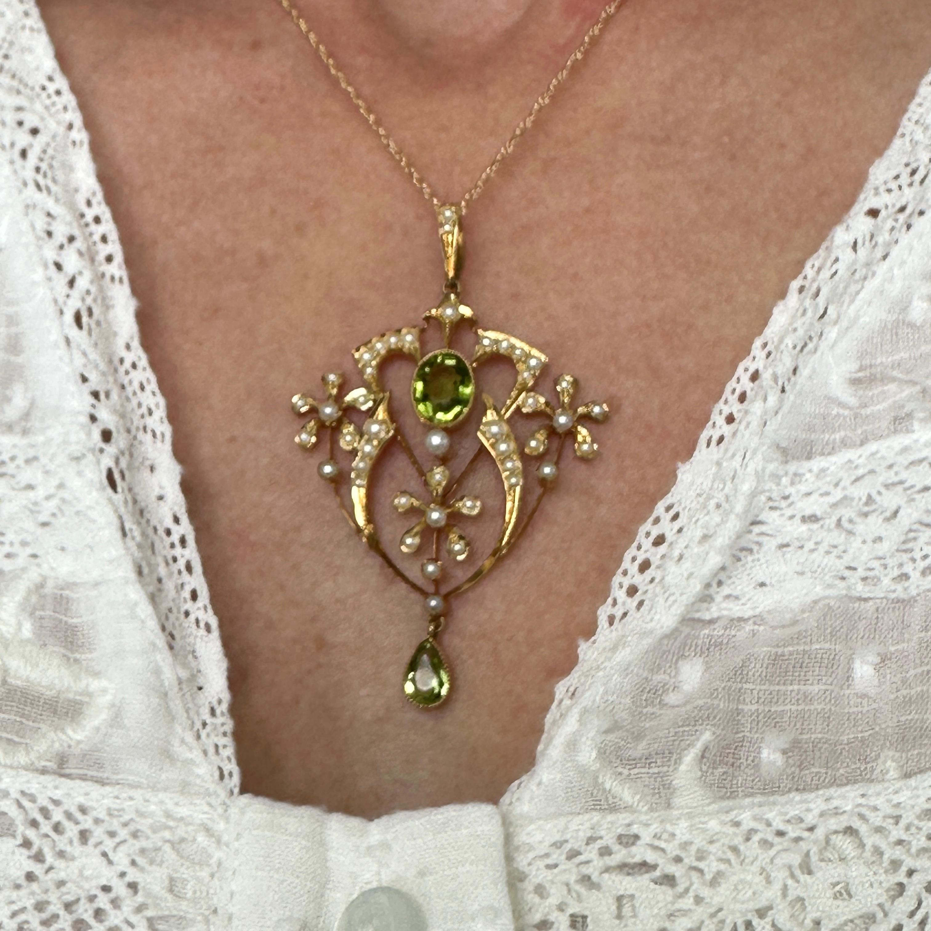 Edwardian Belle Epoque Peridot Pearl 15K Pendant Necklace 8