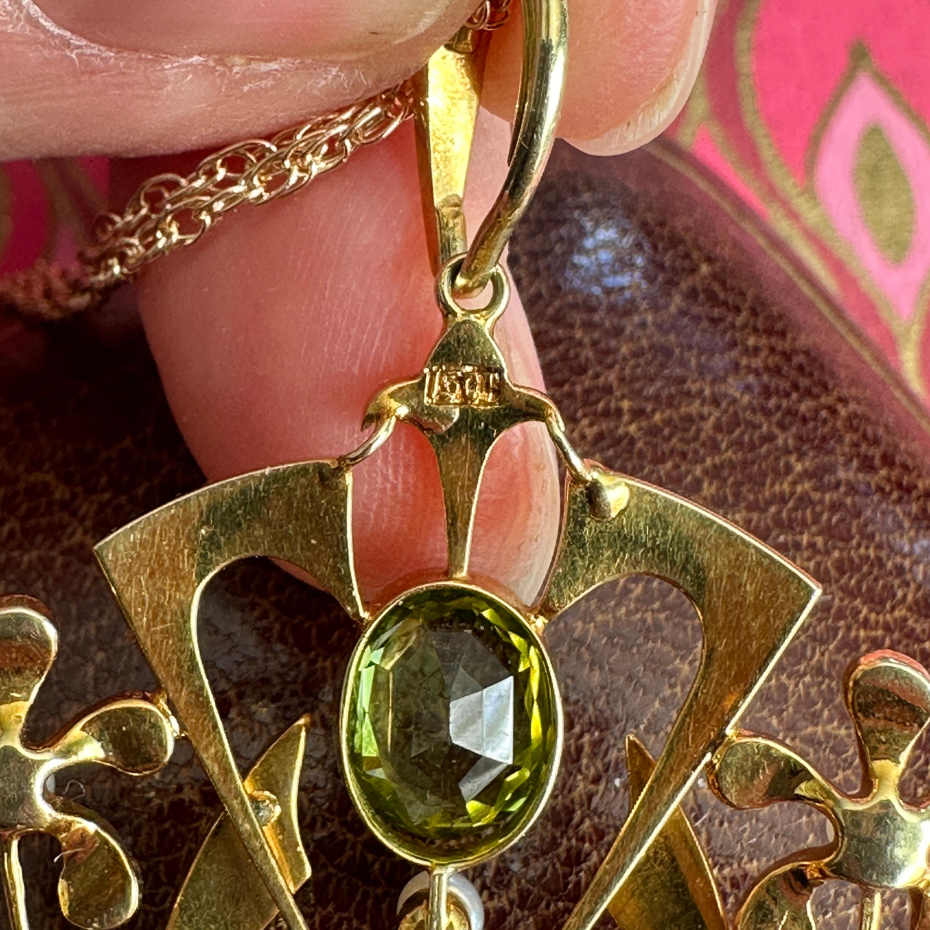 Edwardian Belle Epoque Peridot Pearl 15K Pendant Necklace 11