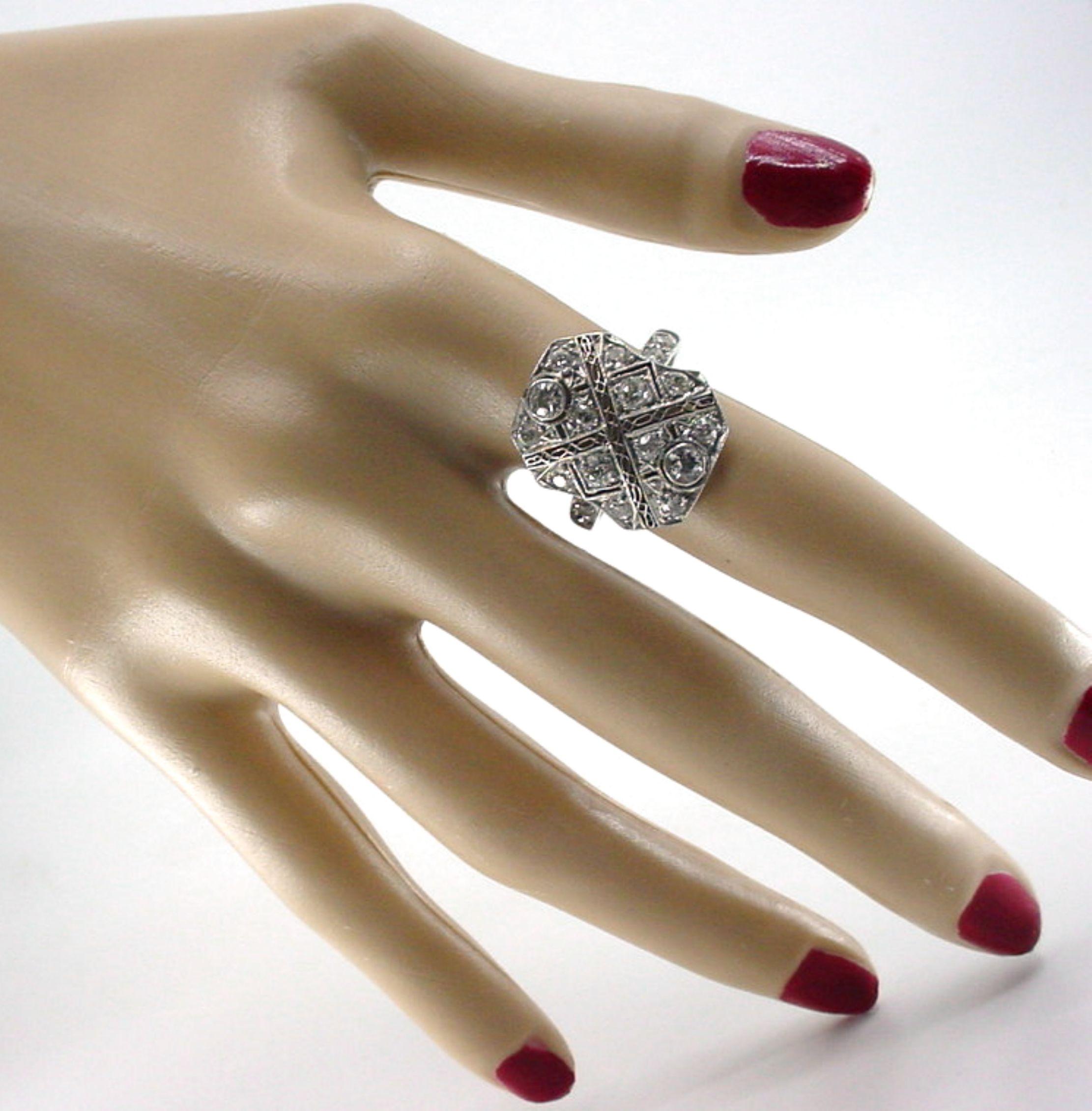 Emerald Cut Edwardian Belle Époque Platinum Diamond Delicate Lacy Dinner Ring