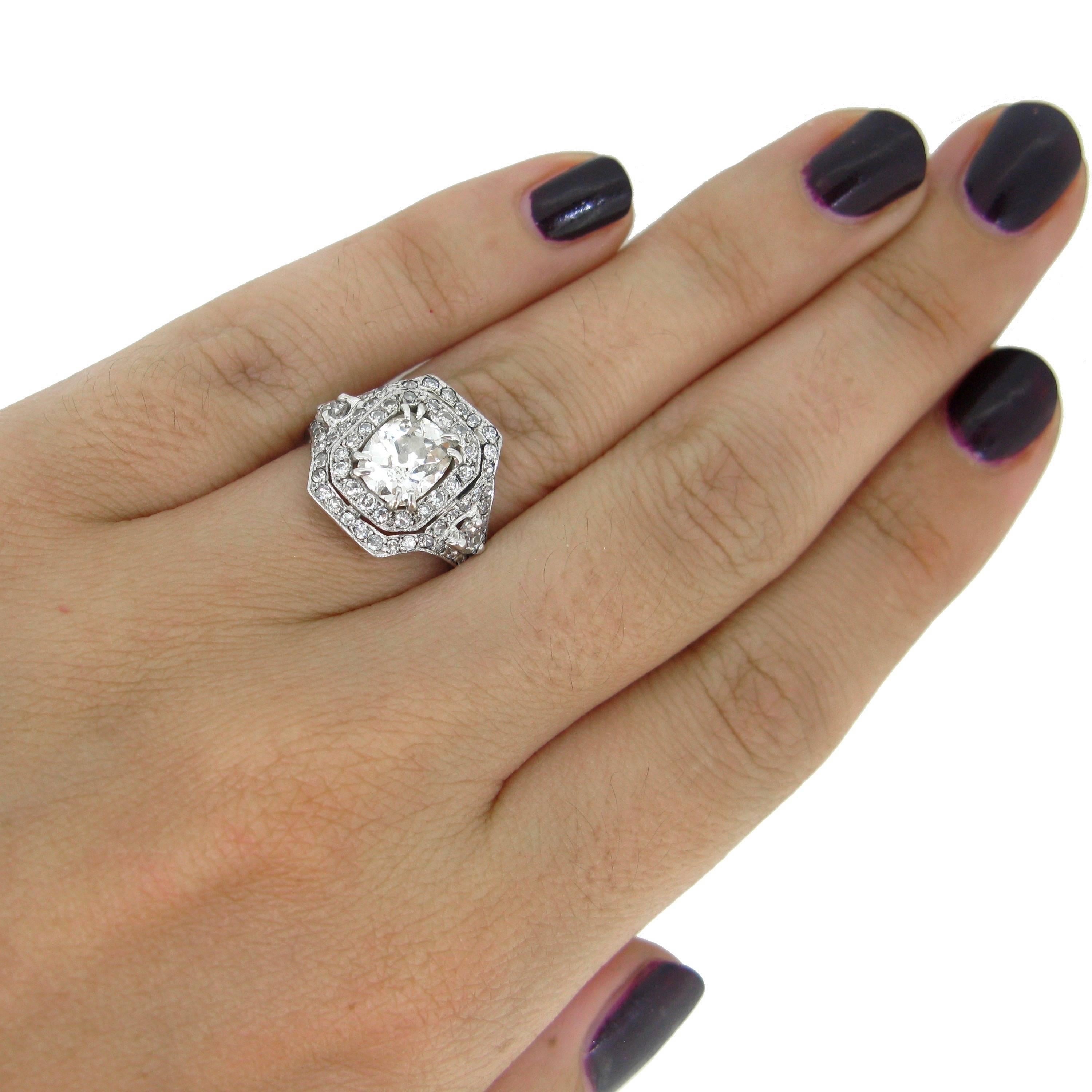 Edwardian Belle Époque Platinum French Diamonds Cushion Cut Ring 6