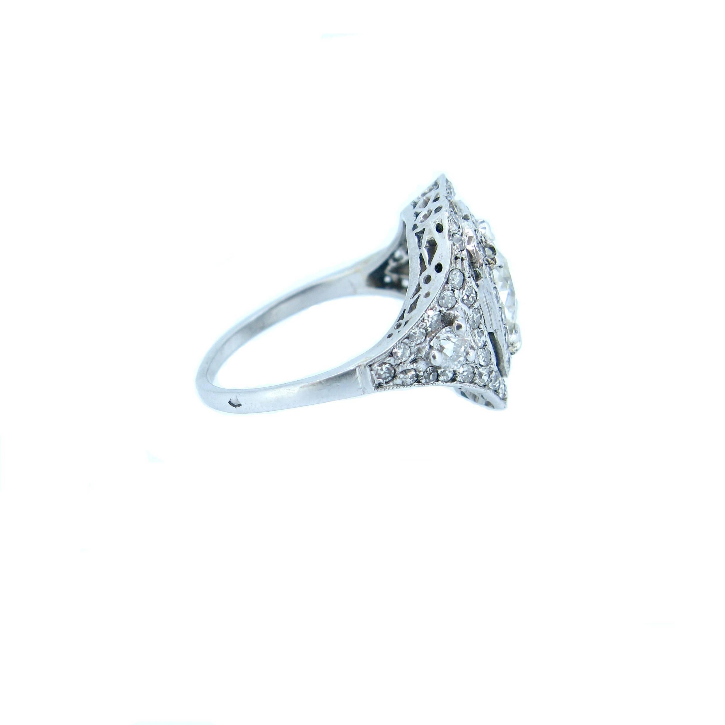 Edwardian Belle Époque Platinum French Diamonds Cushion Cut Ring 1