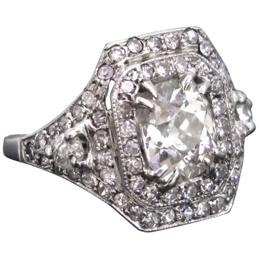 Edwardian Belle Époque Platinum French Diamonds Cushion Cut Ring