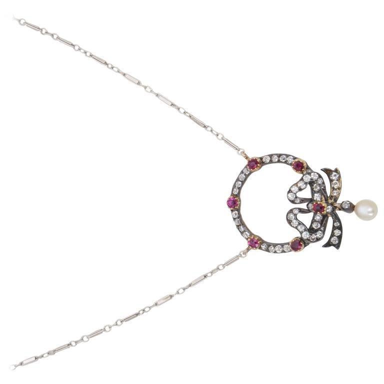 Edwardian Belle Époque Ruby Diamond Bow Necklace In Good Condition For Sale In Miami Beach, FL