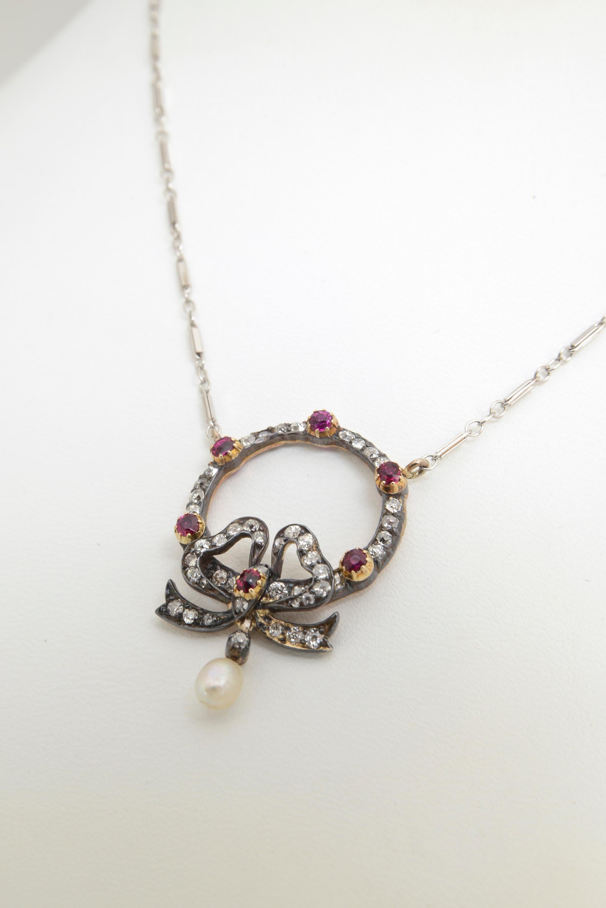 Women's Edwardian Belle Époque Ruby Diamond Bow Necklace For Sale