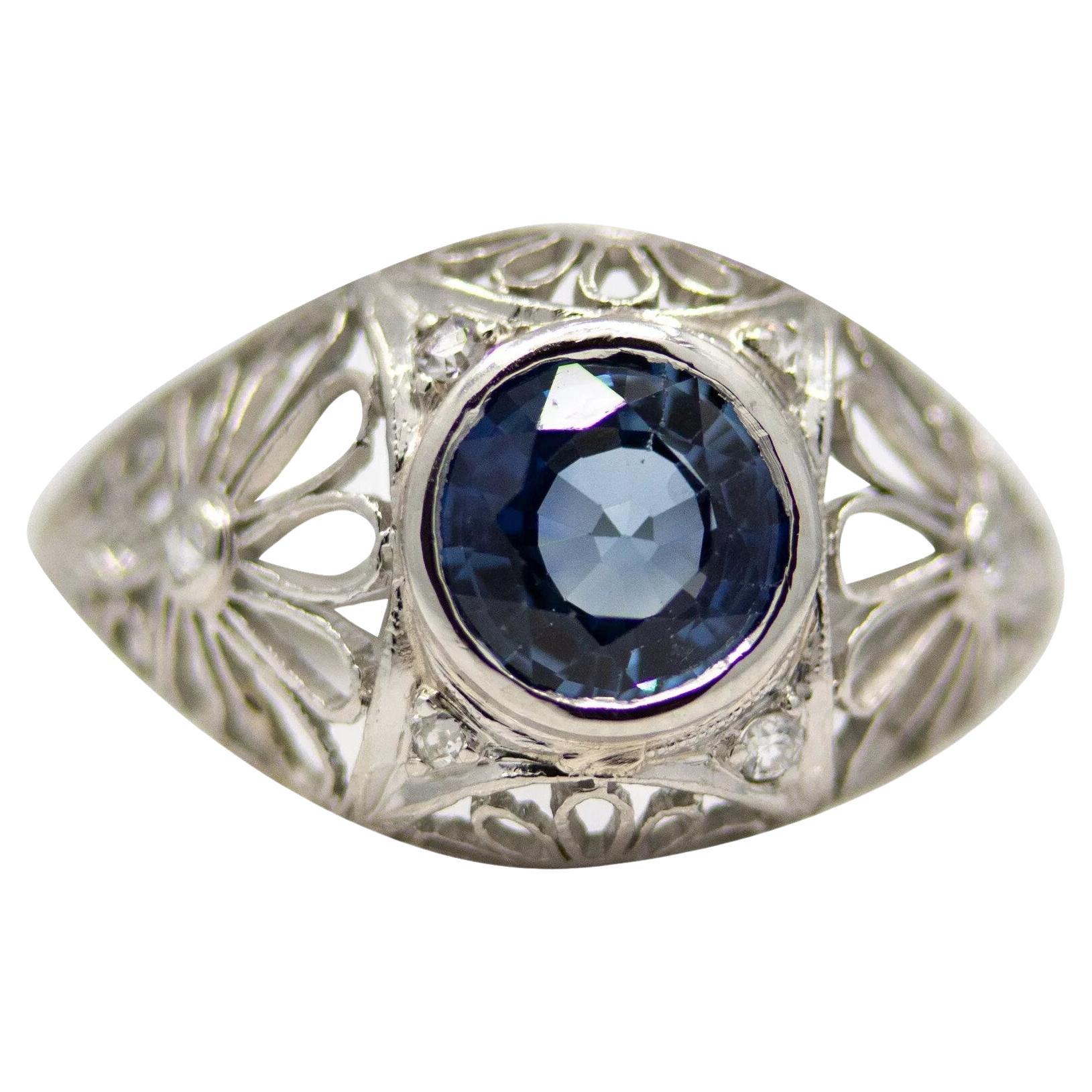 Edwardian Belle Epoque Sapphire & Diamond Filigree Ring in Platinum For Sale
